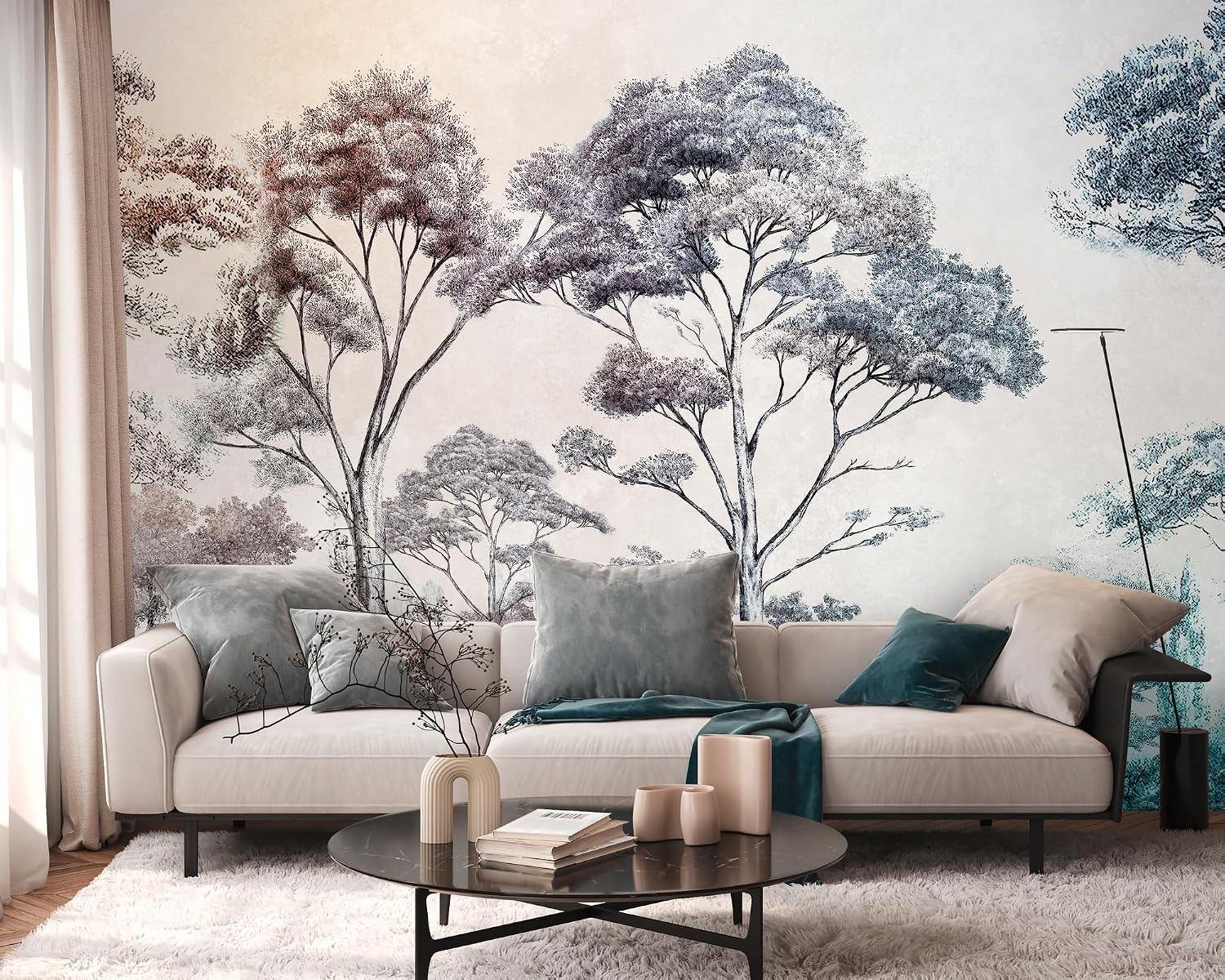 Livingwalls Photo Wallpaper Tree in Colourful, Cream, Blue - High-Quality Non-Woven Wallpaper 399021 with Motif on 1.59 m x 2.80 m - Made in Germany