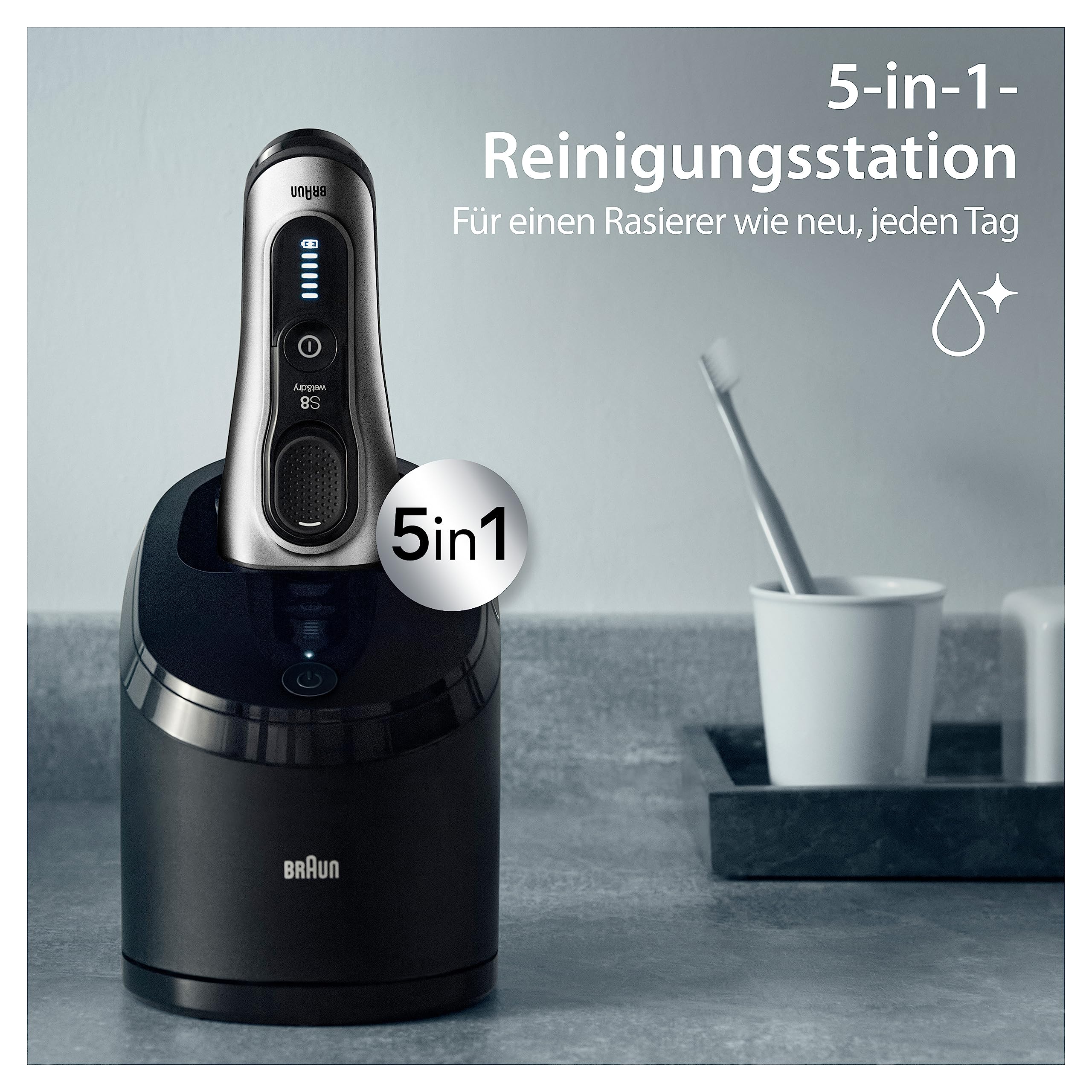 Braun Series 8 Rasierer Herren mit 4+1 Scherkopf, Elektrorasierer, Präzisions-Langhaarschneider, Reinigungsstation, 60 Min Laufzeit, Wet & Dry, Made in Germany, 8567cc, silber