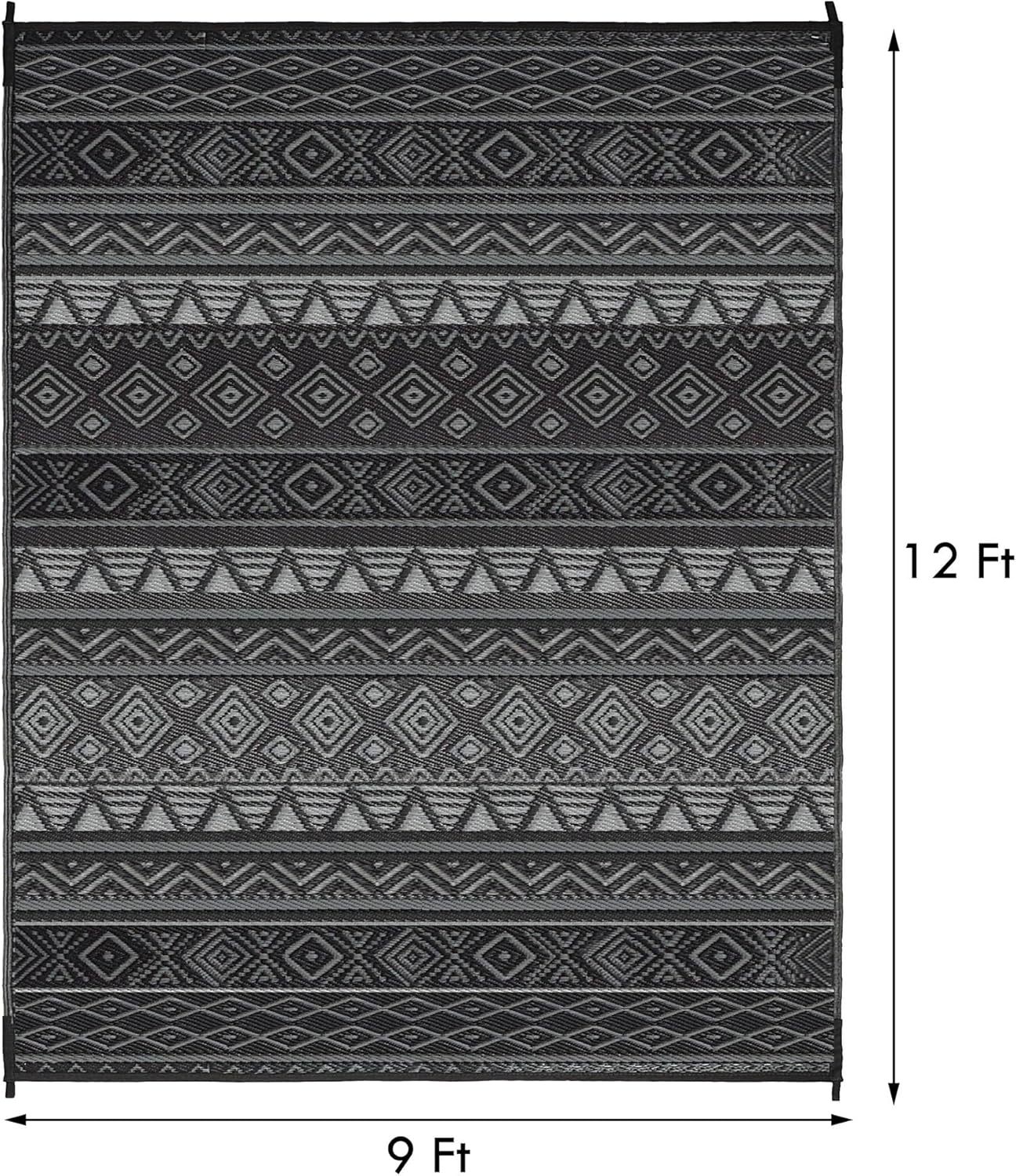 RURALITY Outdoor Rugs 9'x12' Waterproof for Patios Clearance,Plastic Straw Mats for Backyard,Porch,Deck,Balcony,Black&Grey