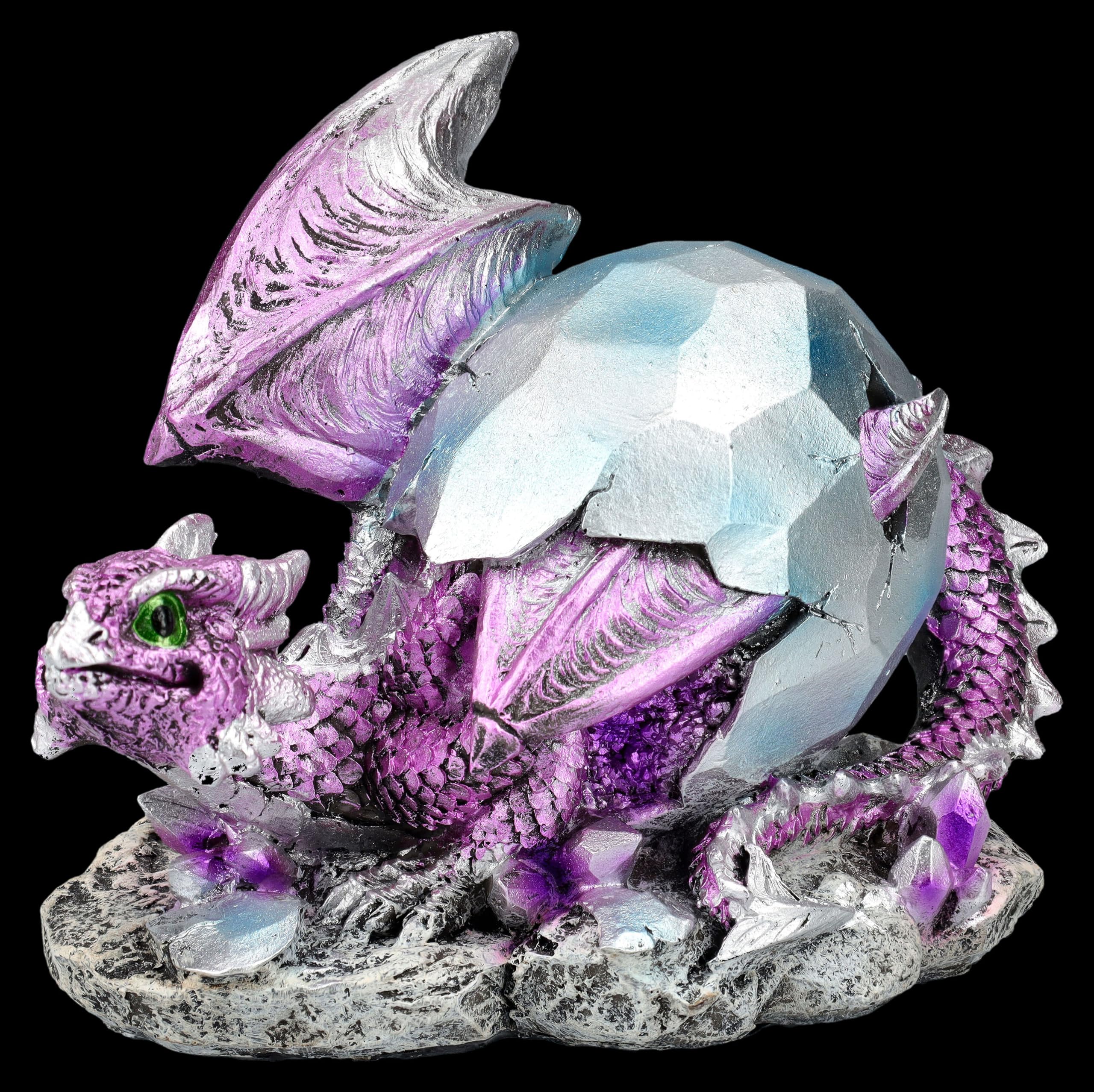 Figuren Shop GmbH Zauberhafte Kristallwächter Drachenbabys: 2er Set, Grün & Lila, Eier in Kristalloptik, 9 cm, Drache Figur Deko