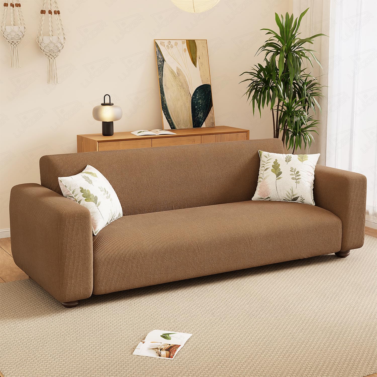Lukzer 3 Seater Textured Dark Beige Checked Pattern Sofa Cover | 360° Fully Covered Anti-Slip Washable Couch Cover Protecter | 280 GSM Stretch Fit Jacquard Fabric Slipcover (180-230cm/SC-058-03)-image-45
