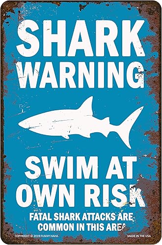 Cartel de metal divertido de advertencia de tiburón, color azul claro