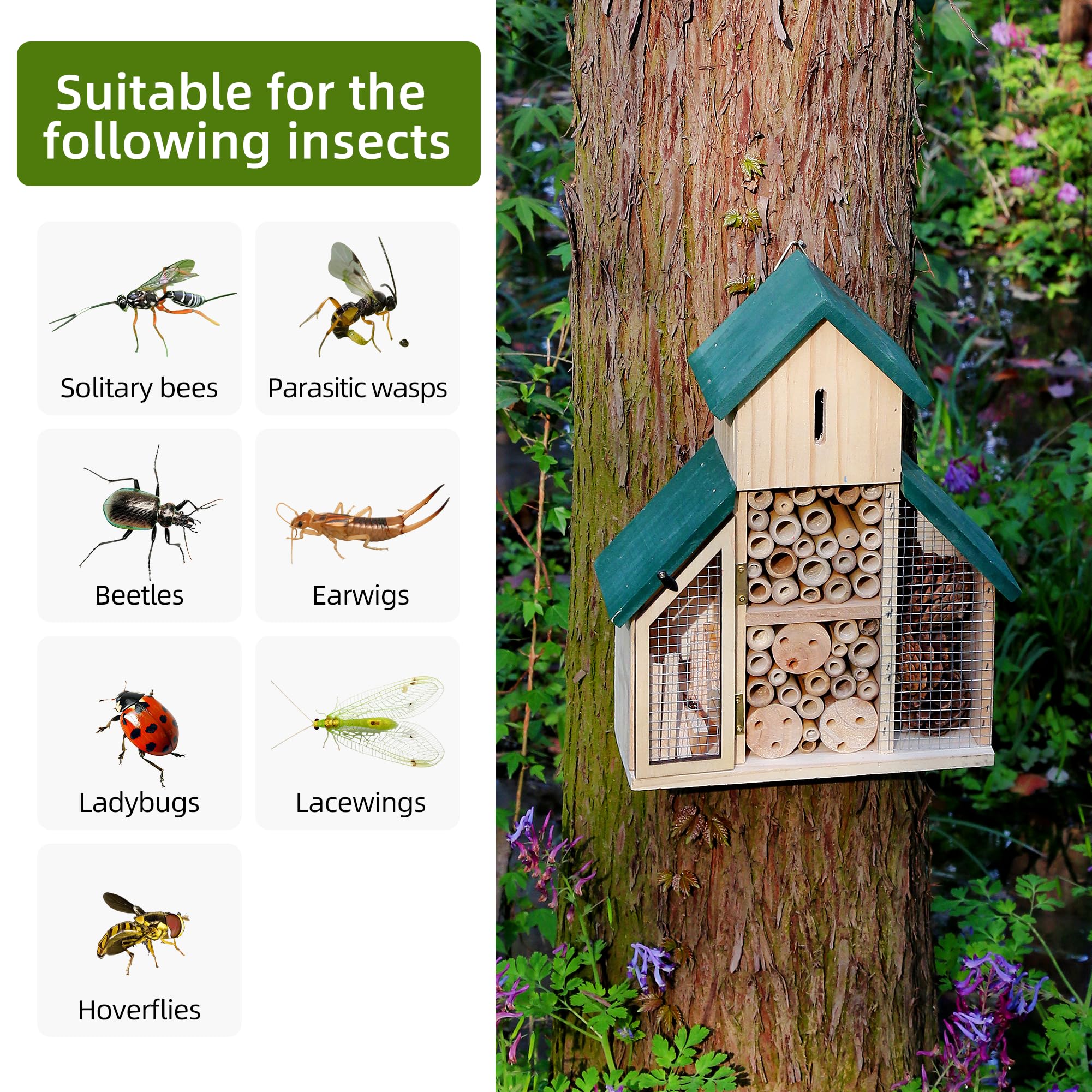 3-lagiges Insektenhaus aus Holz mit grünem Dach, mehrere Räume und Kapazität, Insektenhotel, ein hängender Lebensraum für Bienen, Schmetterling, Marienkäfer, Bienenkiste