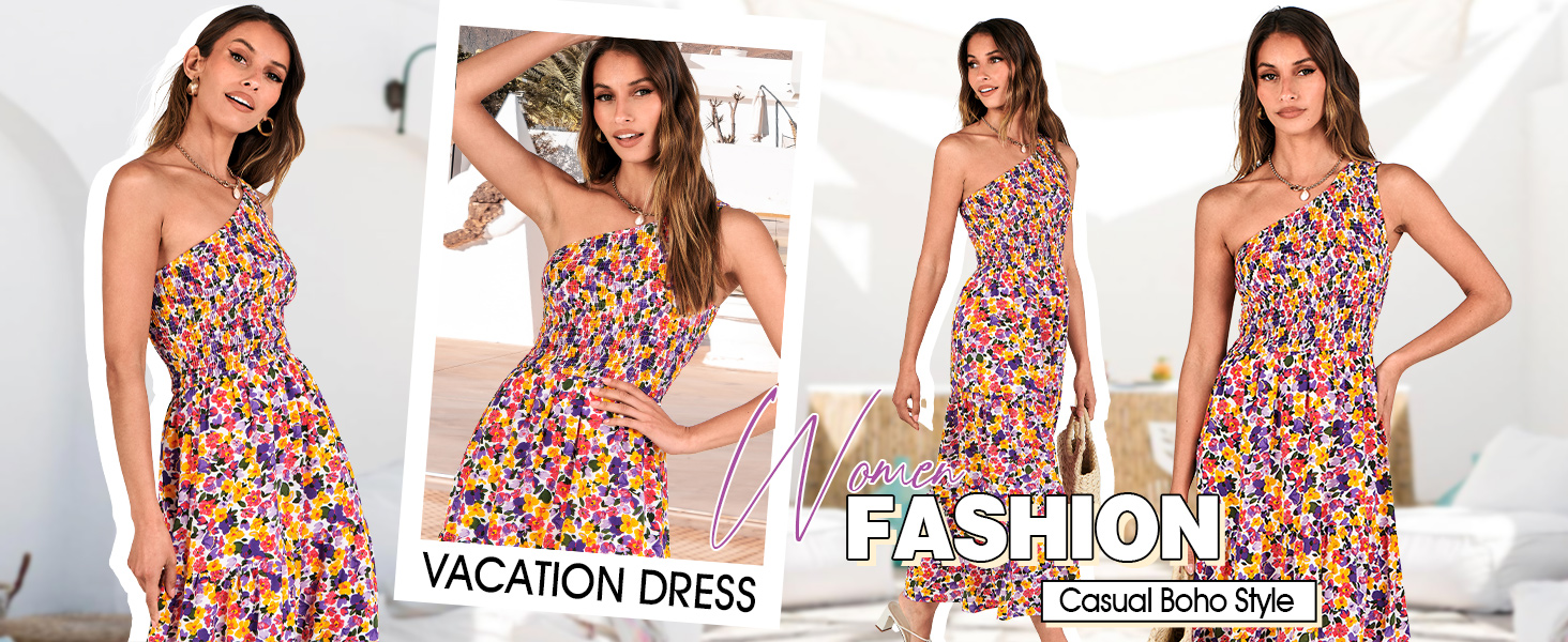 Amazon.com: BTFBM Summer Dresses 2026 Spring One Shoulder Floral Flowy  Sundresses for Women Sleeveless Smocked Boho Beach Maxi Dress(Floral Blue  White, Small) : Health & Household