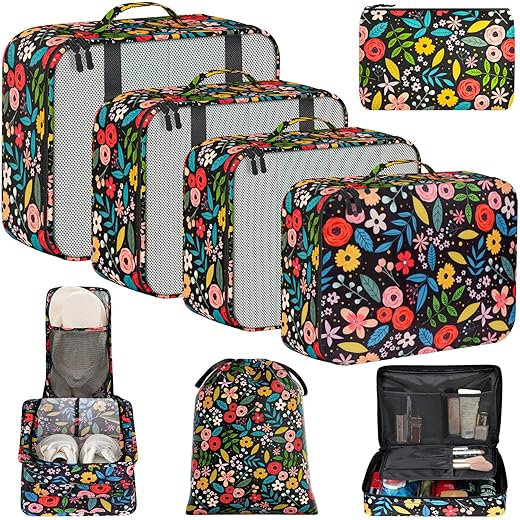 BAGAIL 8 Set Packing Cubes Luggage Packing Organizer Bags for Travel Accessories-Black Floral