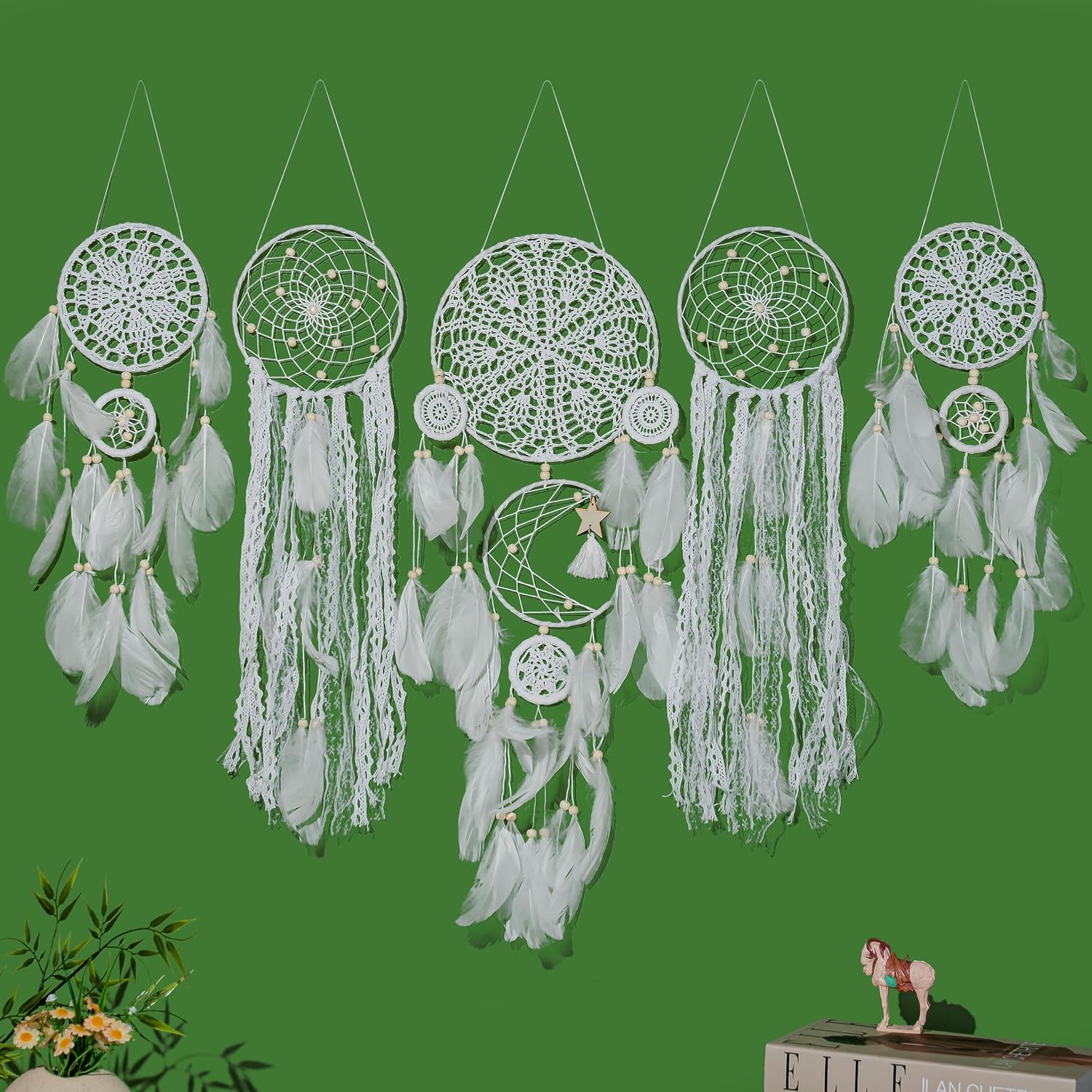 Handcrafted Dream Catcher Wall Decor Set, 5 Pieces, Round Shape, 10 Inch Diameter, Cotton and Feather, Art Deco Style, Moon and Star Design, Indoor Hanging Ornaments (5, Brown)