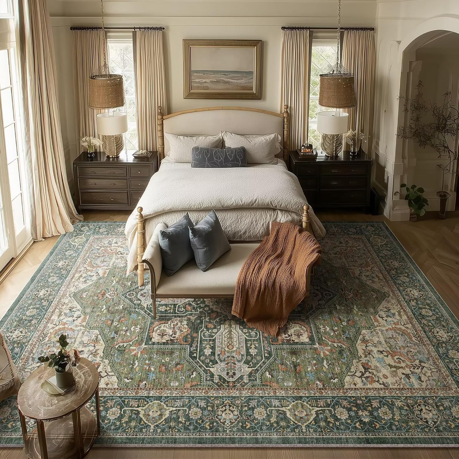 8x10 Area Rugs for Living Room, Washable Boho Non-Slip Vintage Distress Large Rugs for Bedroom Dining Room Nursery Office, 0.3" Neutral Oriental Throw Thin Carpet, Green/Multi