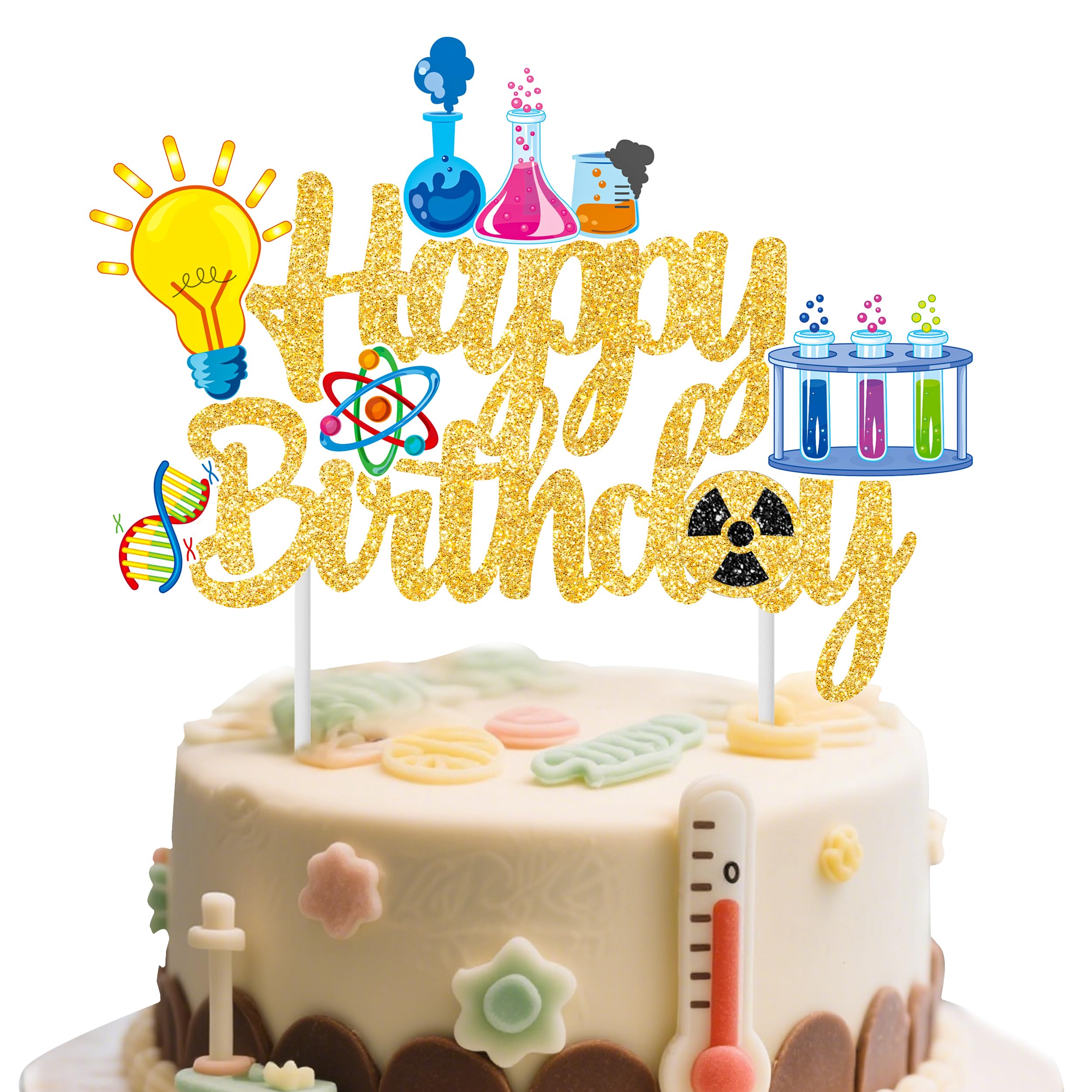 Science Birthday Party Cake Topper Gold Glitter Science Birthday Party Decorations Chemistry Laboratory Theme Cake Topper for Science Theme Party Baby Shower Supplies