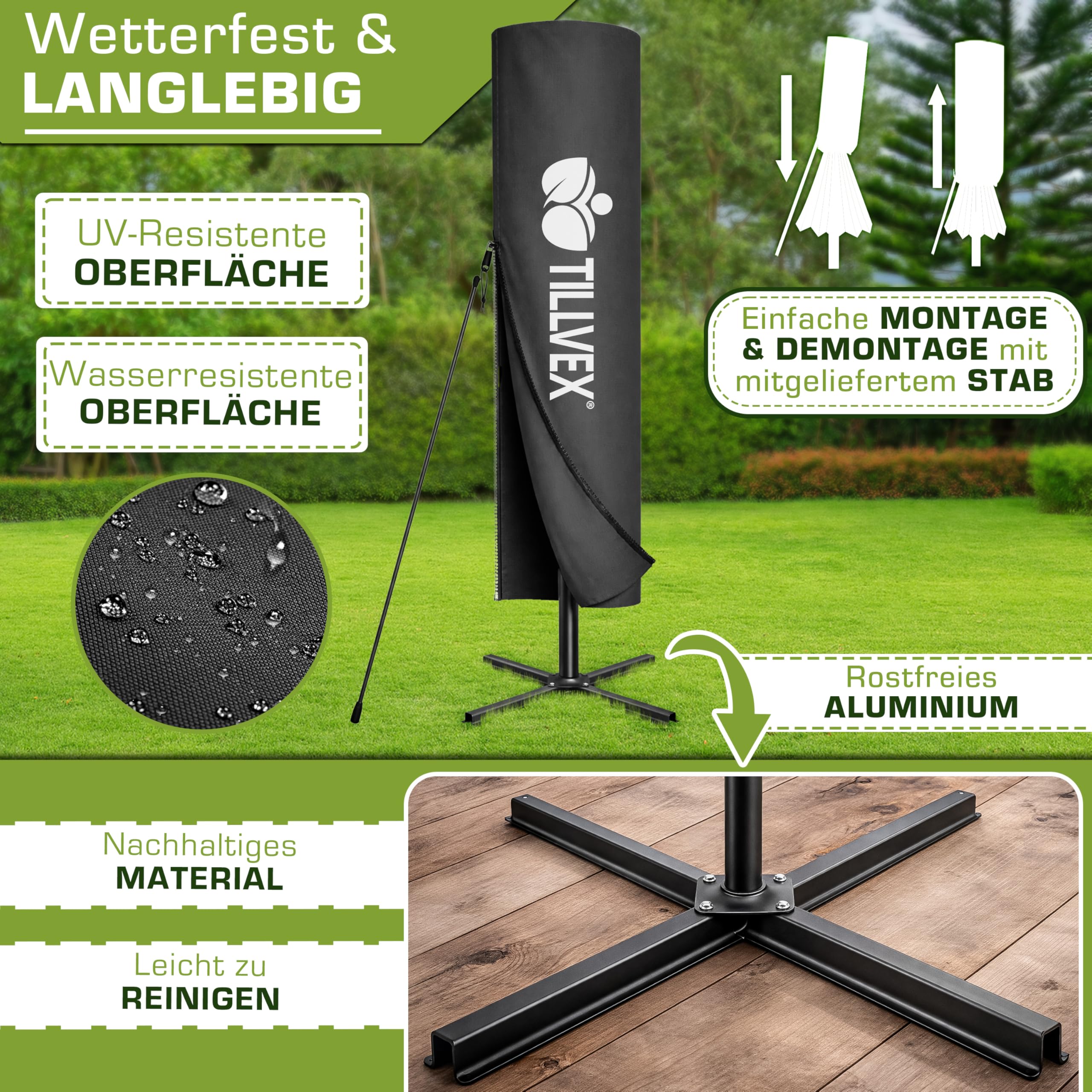 tillvex® Alu Sonnenschirm Rechteckig Ø 330 cm + Abdeckung mit Kurbel | Ampelschirm Aluminium Eckig mit Ständer & Windschutz | Gartenschirm UV-Schutz, wasserdicht, 360° drehbar