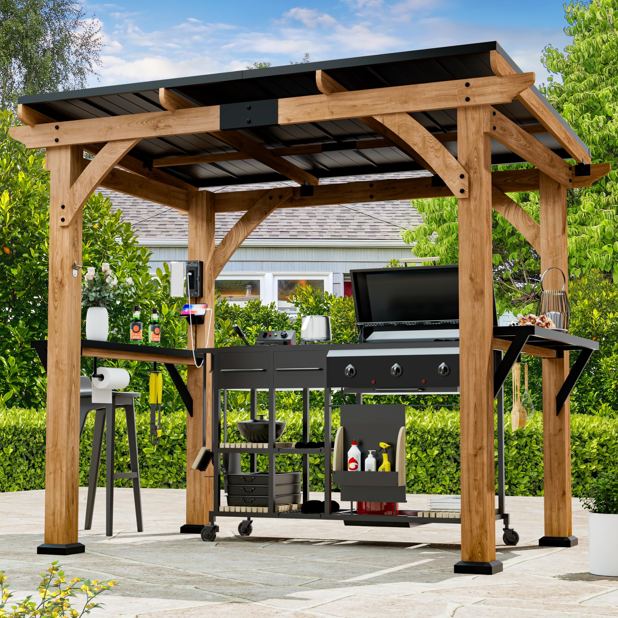 Modern Shade Grill Gazebo 6' X 8', Cedar Wood Gazebo with Shelves and Paper Towel Holder, Patio Pavilion with Galvanized Steel Roof, USB and USB-C