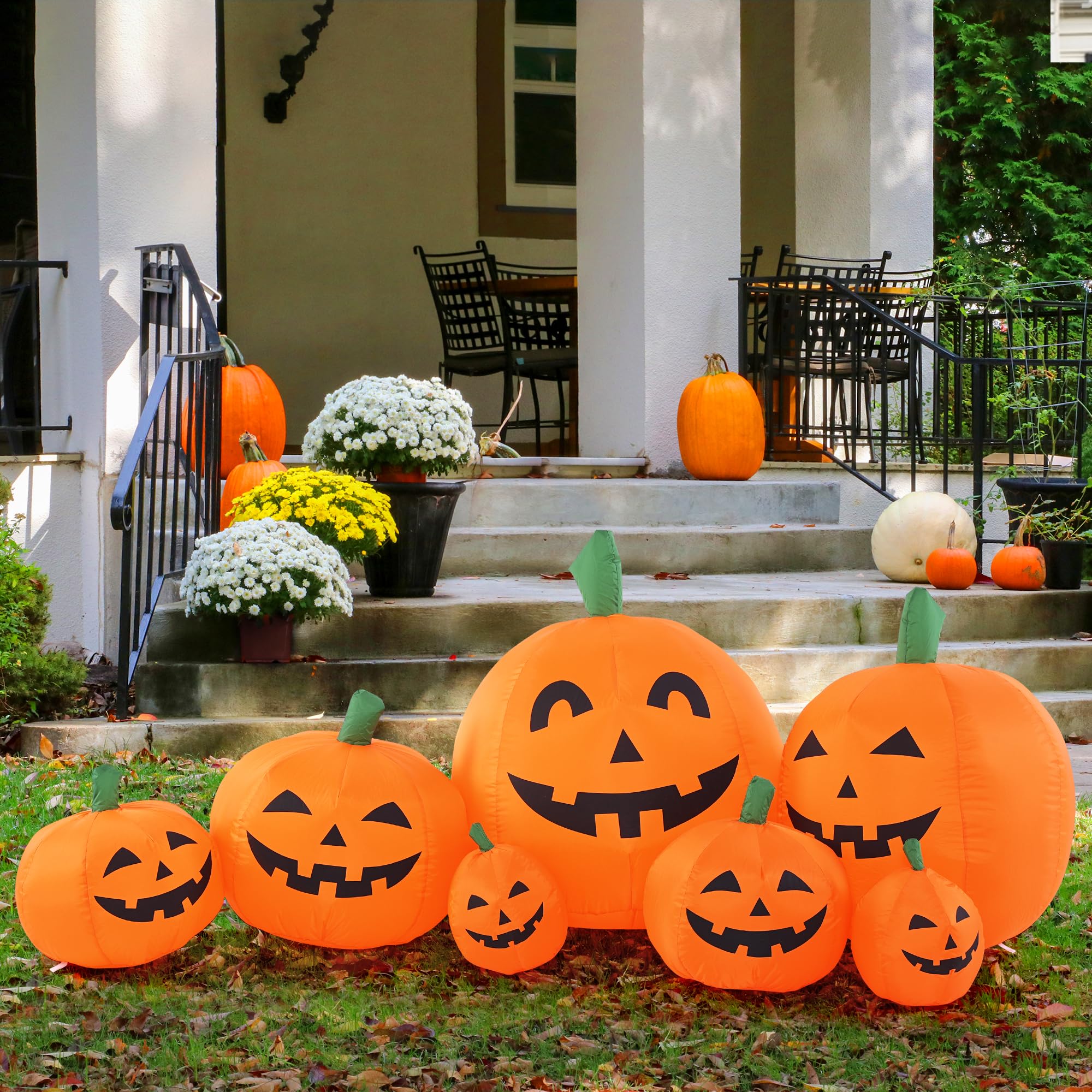 Solpex Halloween Deko, Halloween Inflatable Pumpkin Decoration, 240cm/8FT, 7 Pumpkin Set with 21 LED Lighting for Party, Garden, Lawn, Yard Decoration (Orange & White)