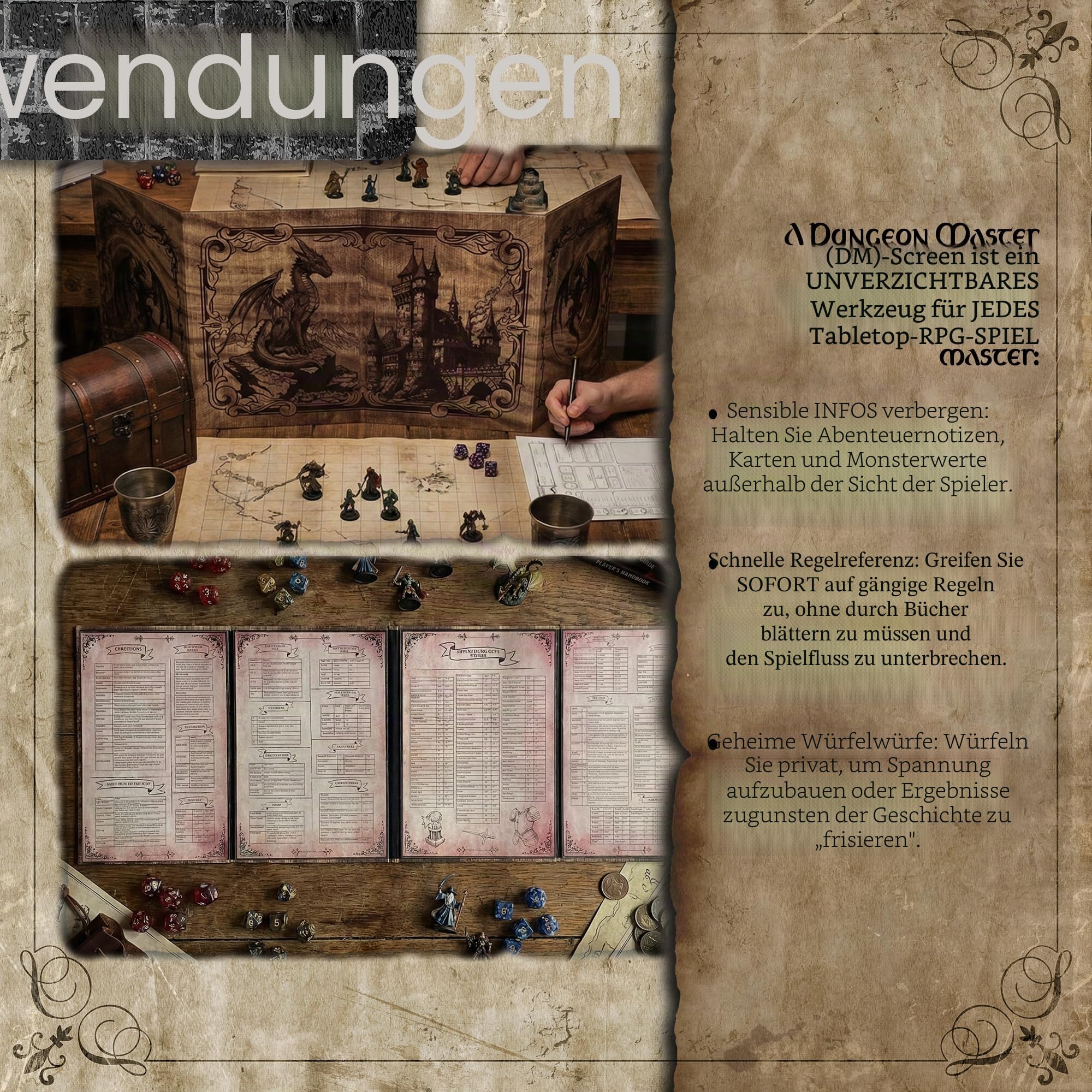 Dungeon Master Screen DOJA Hobbies, DM Screen DND Faltbar mit 4 Panels in Glatter Ausführung, mit Personalisierbaren Einlagen, Zubehör für Dungeons and Dragons Rollenspiel