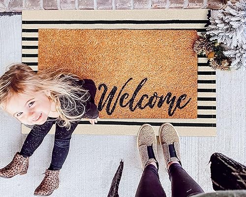 Miniatura 3 de KOZYFLY Alfombra de porche a rayas negras y beige de 2 x 3 pies, alfombra pequeña de algodón para puerta delantera, alfombra lavable para
