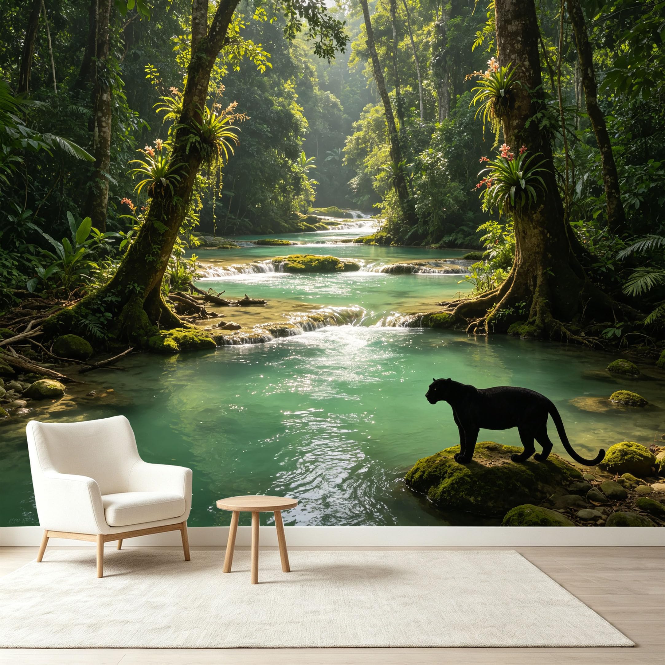 Custom Size Wall Murals Tropical Jungle Rainforest River Black Panther Wildlife Oil Painting Self-Adhesive Wall Fabric Removable Wallpaper Wall Decor for Living Room Bedroom Bathroom
