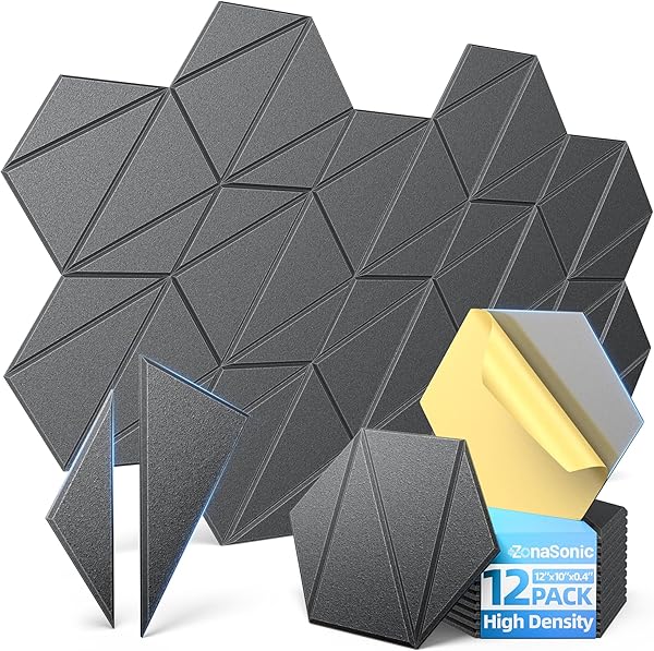 12 Pack Acoustic Panels with Self-Adhesive 12"X10"X0.4" Sound Proof Foam Panels for Walls, High Density Soundproof Wall Panels, Z-Line Hexagon Sound Dampening Panels for Home Studio Decor Office-Black