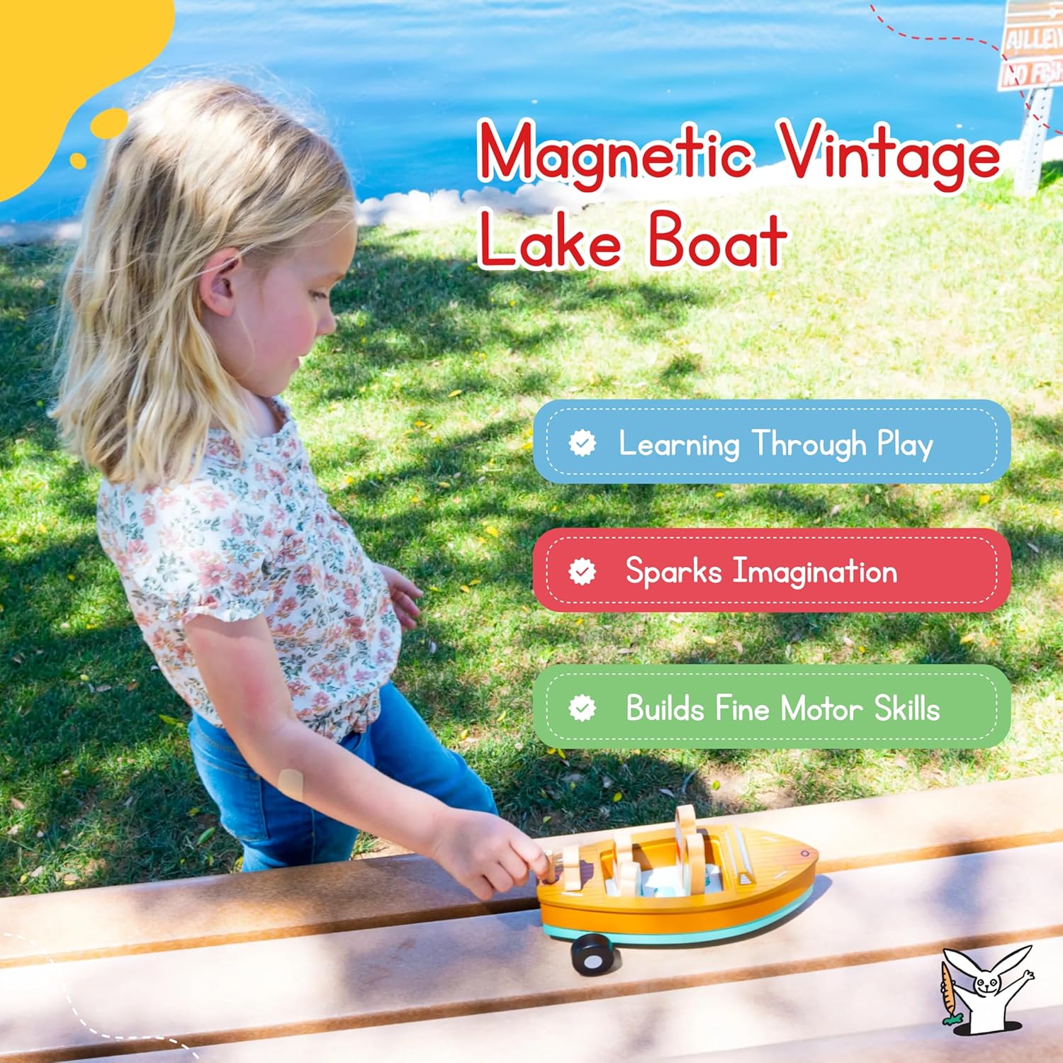 Jack Rabbit Creations Magnetic Vintage Lake Boat Wooden Playset, 6-Piece Family & Dog, Heavy-Duty Magnets Stay Put, FSC Bamboo Wood, Imaginative Pretend Play, Gift Boxed, Ages 3+