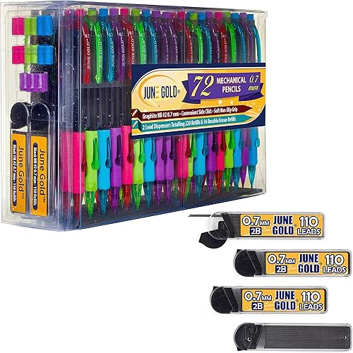 June Gold 72 lápices mecánicos, plomo HB #2 de 0.028 in, 6 dispensadores de plomo/con 660 repuestos y 16 borradores de repuesto, plomo resistente a
