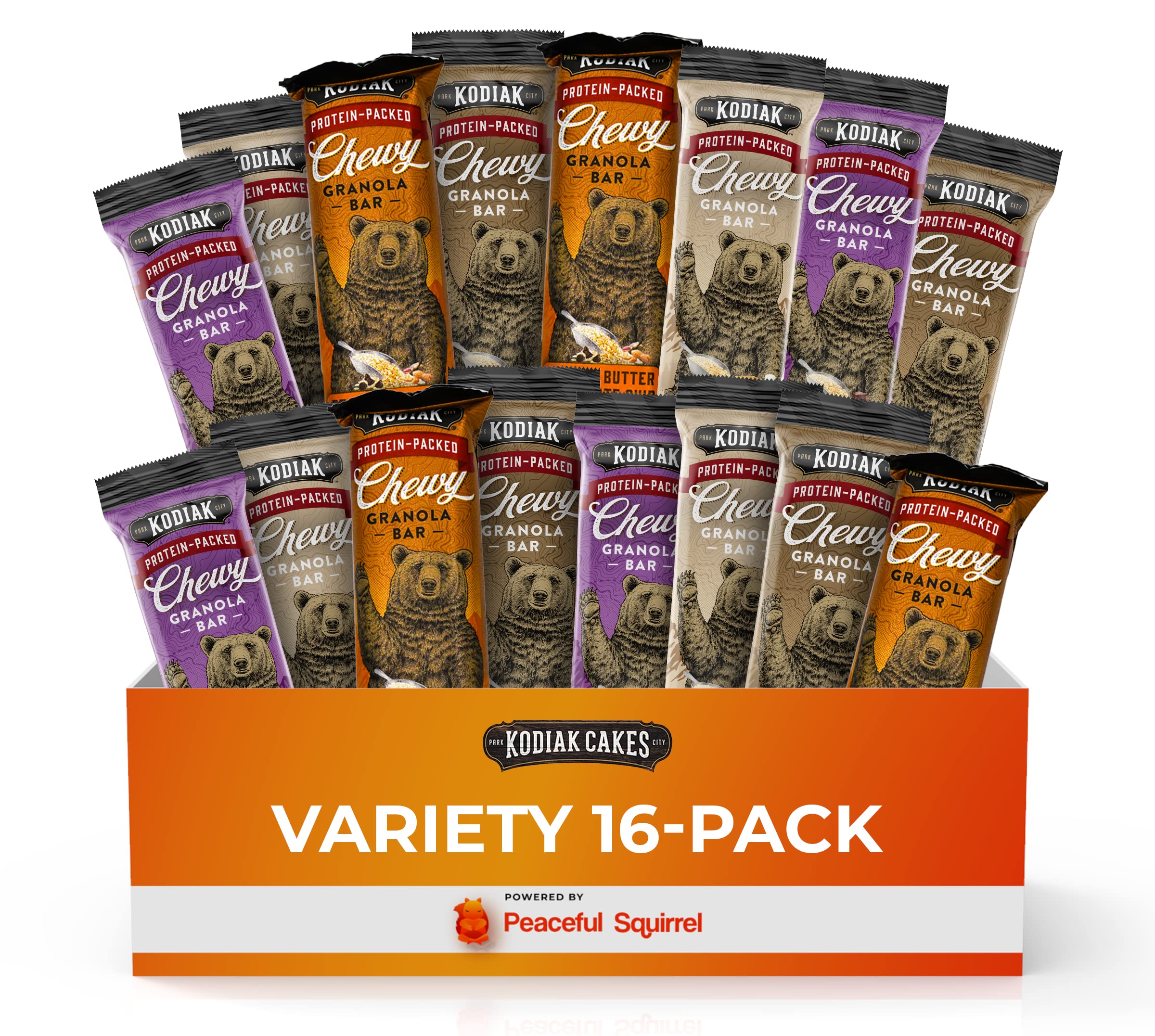 Peaceful SquirrelVariety, Kodiak Cakes Chewy Granola Bars, 16 Pack, Variety of 4 Flavors, Whole Grain, High Protein, Non-GMO, 16 Bars, 1.23 Ounce