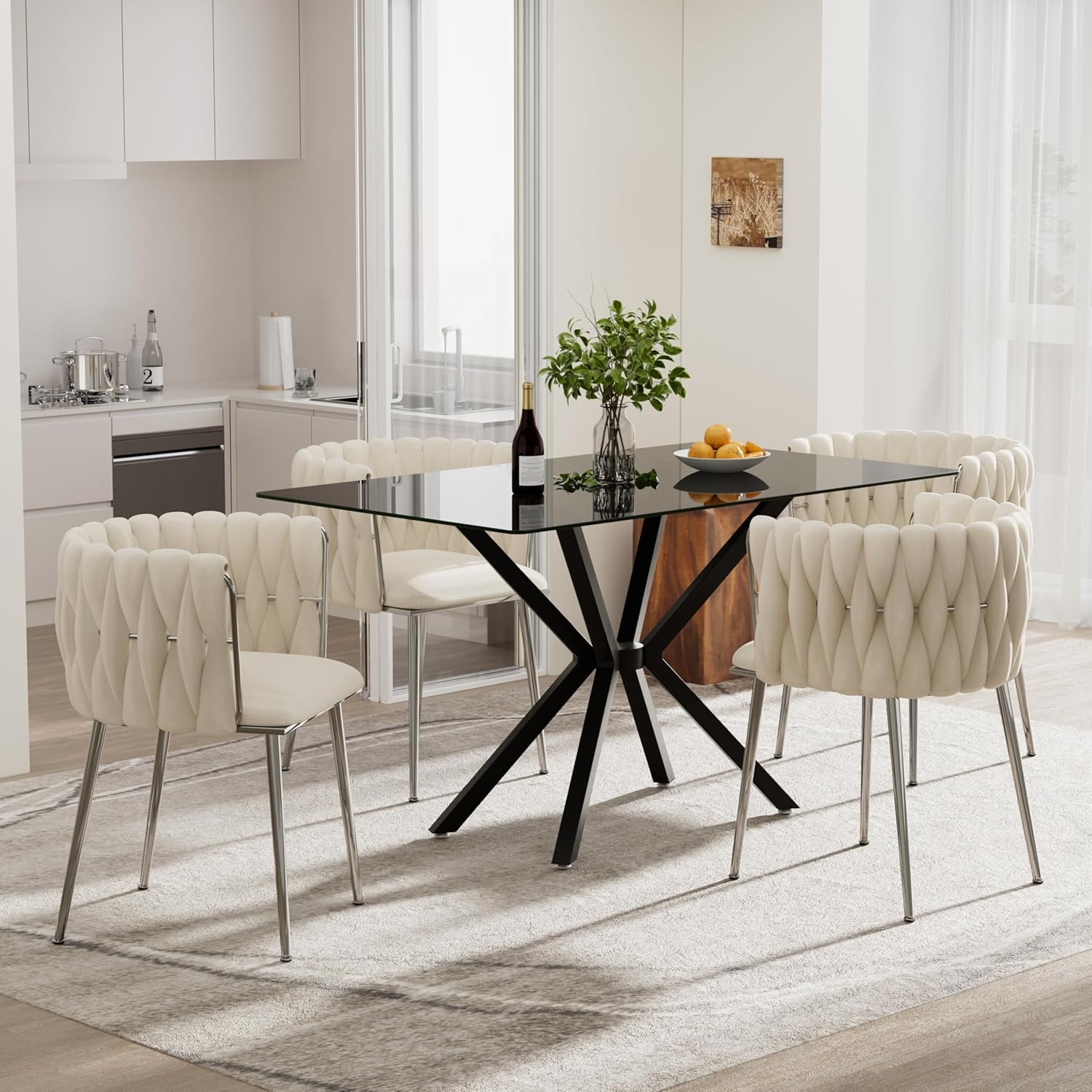 5 Pieces Modern Luxury Glass Dining Set, Minimalist Rectangle Dinner Room Set for 4, 47'' Clear Glass Top Kitchen Table Set with Black Base, Ivory Woven Chairs, for Small Apartment Tea