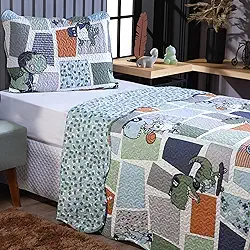 Colcha Dupla Face Estampada Solteiro – Kit Cobre Leito com 2 Peças, Colorido, Confortável e Fácil de Lavar (Solteiro, Dino)