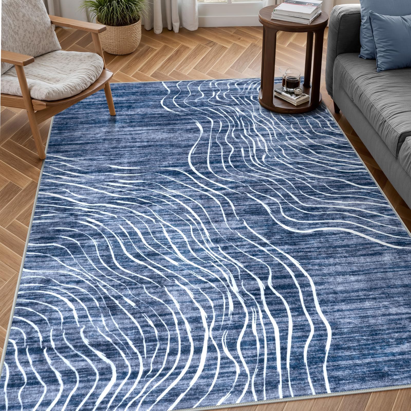 Modern Abstract 5x7 Area Rugs for Living Room, Navy Blue Washable Rugs for Bedroom, Non-Slip Minimalist Neutral Wave Striped Rugs for Playroom Nursery Boys, Throw Rug Carpet for Dining Room