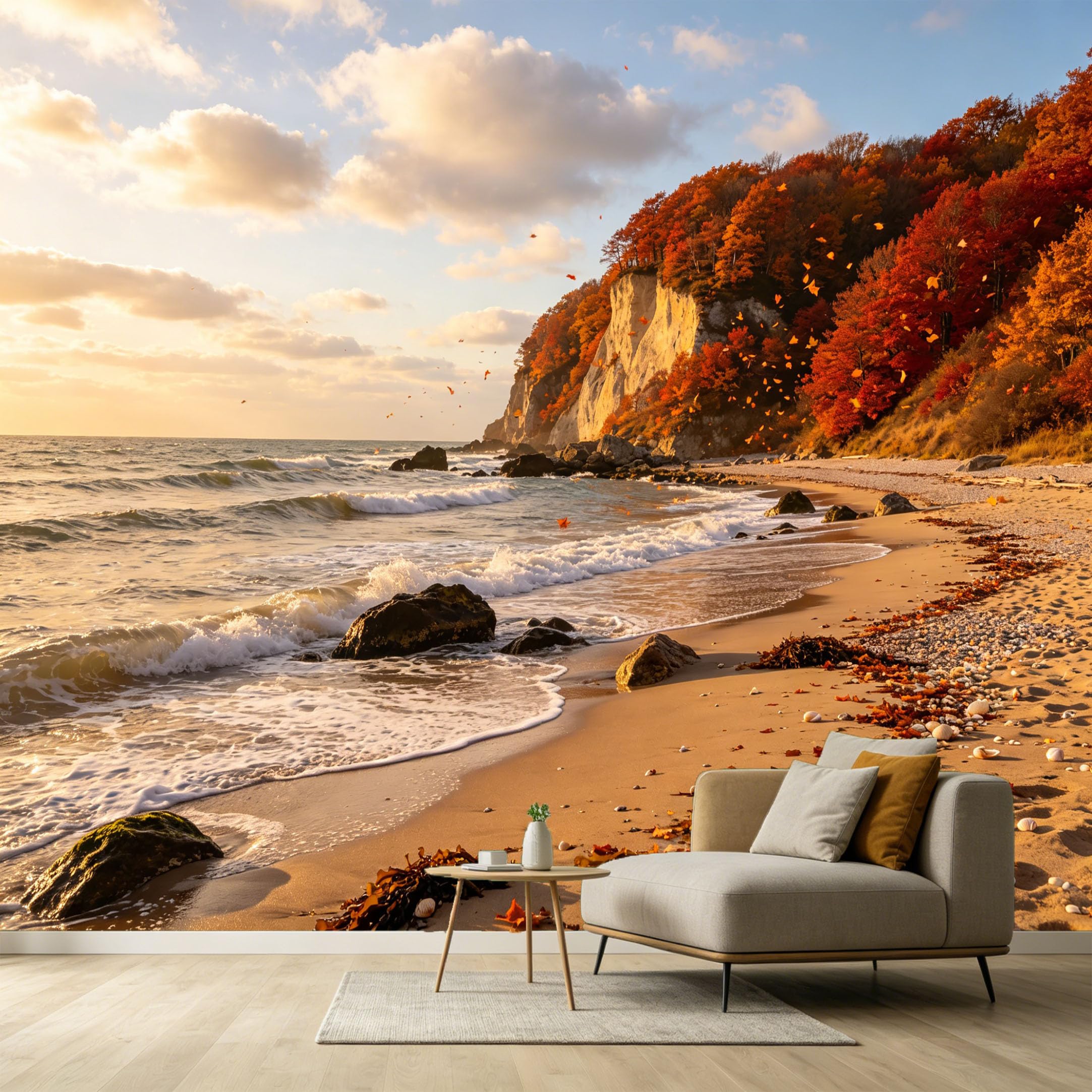Custom Size Wall Murals Autumn Coastal Landscape Oil Painting Sunset Ocean Shoreline SelfAdhesive Wall Fabric Removable Large Wallpaper for Photo Living Room
