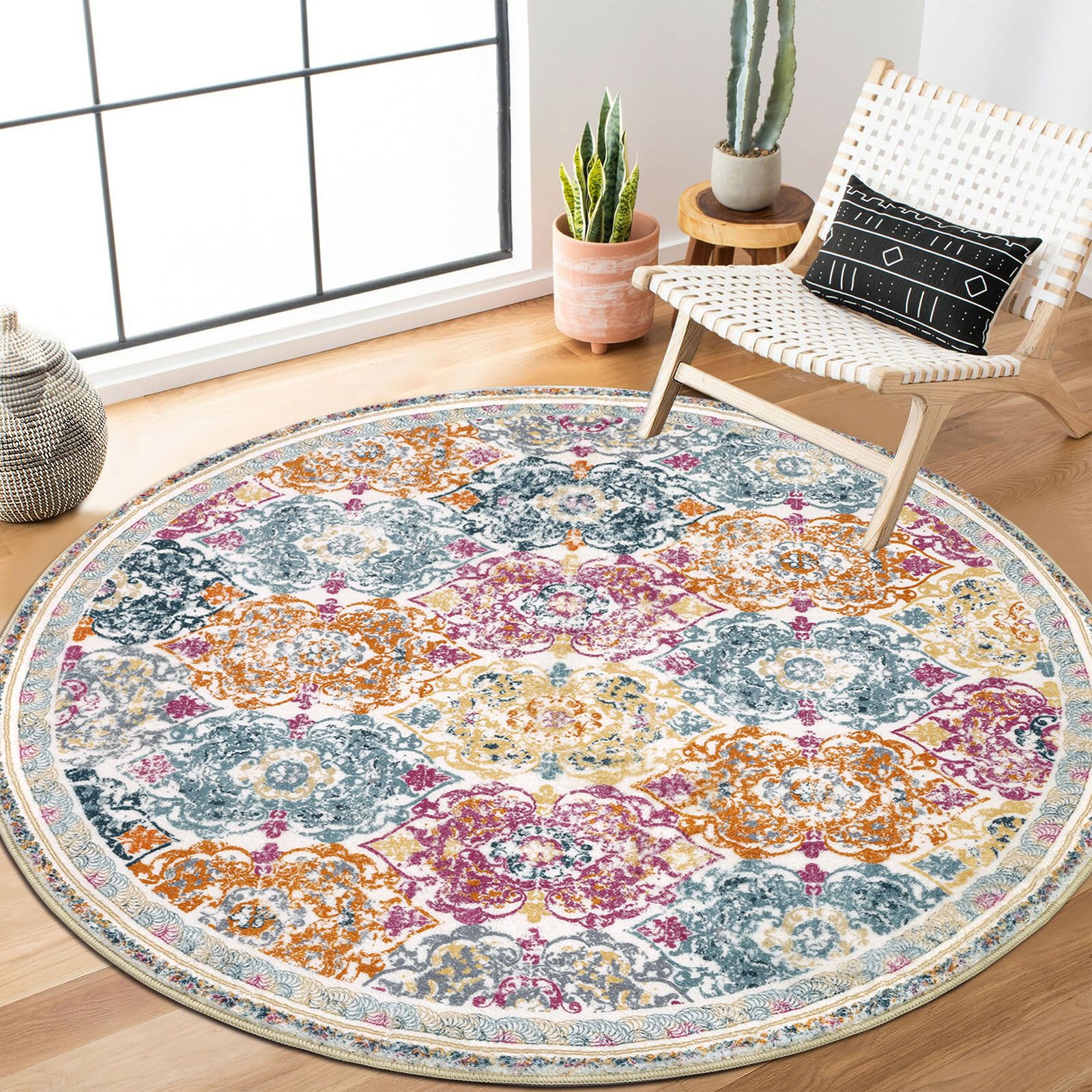 Enyhom Alfombra redonda vintage de 120 cm, alfombra de lujo con patrón floral, lavable a máquina, alfombra bohemia antideslizante para dormitorio, sala de estar, cocina, decoración del hogar, colorida OEKO-TEX STANDARD 100