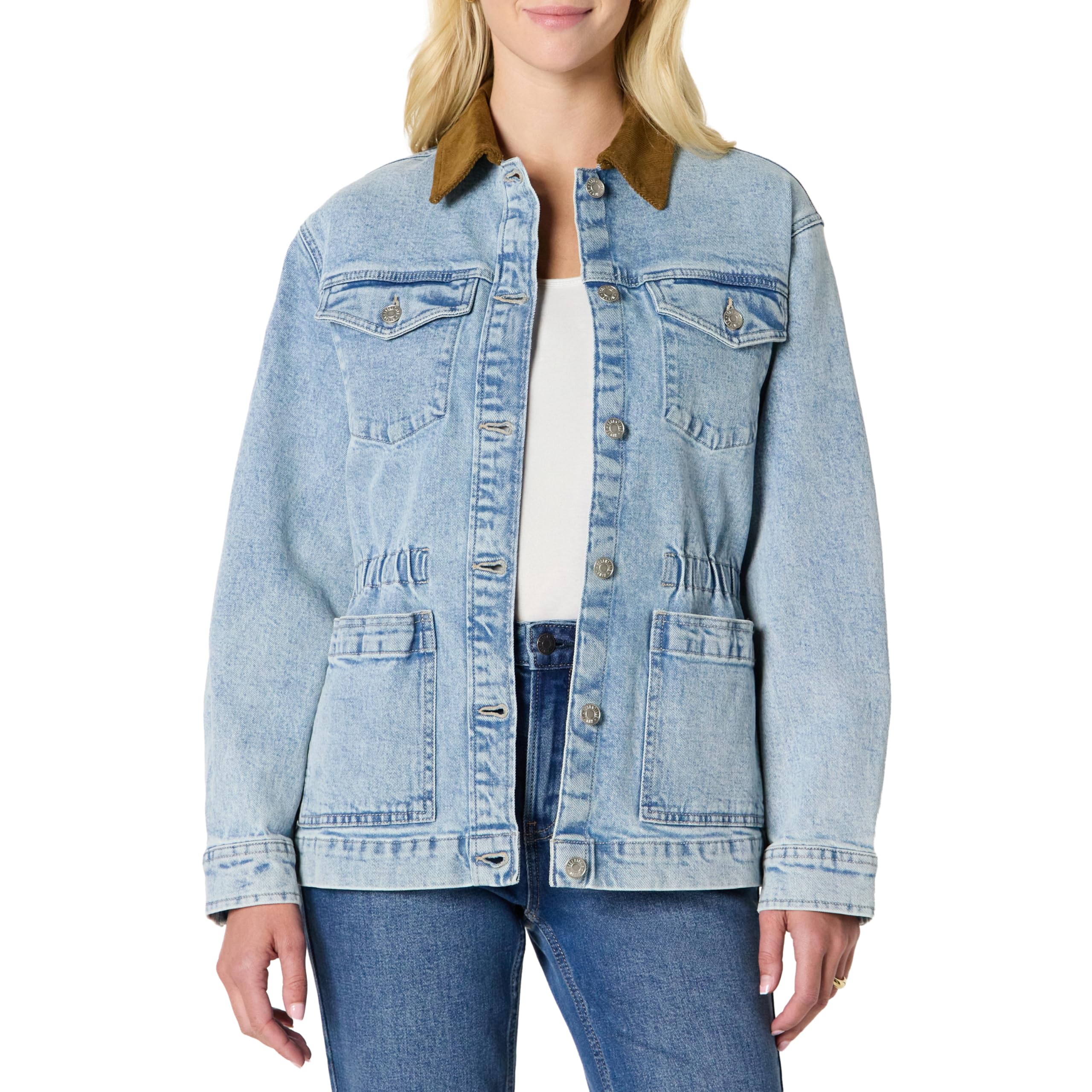 Amazon Essentials Women's Regular-Fit Low Stretch Denim Cinched Waist Barn Jacket, Iced Light Wash, Small