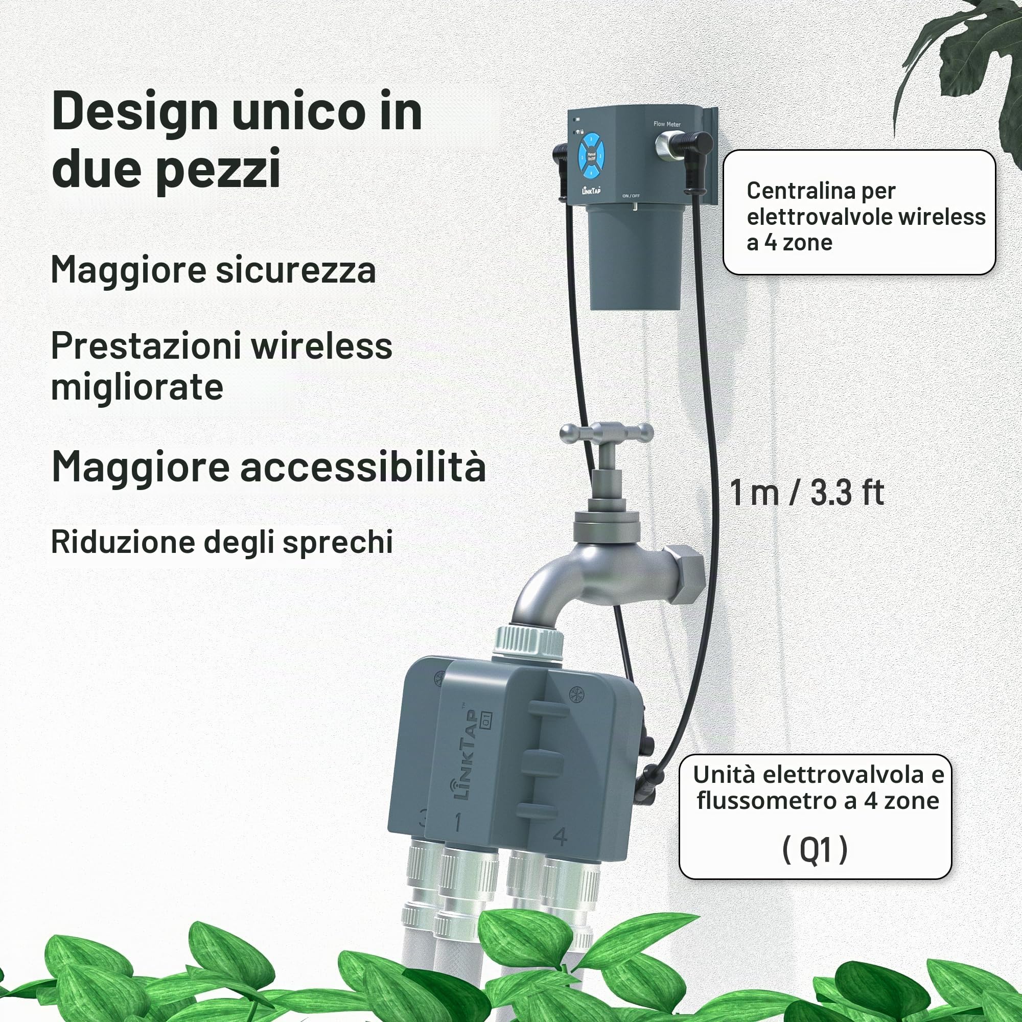 LinkTap Q1 Timer Irrigazione 4 Vie (Richiede Gateway), Protezione Antigelo | Programmatore 4 Zone Indipendenti per Giardino, Prato e Orto, 4 Contalitri, Alimentazione Flex, Rete Mesh, Superiore al Wi-Fi