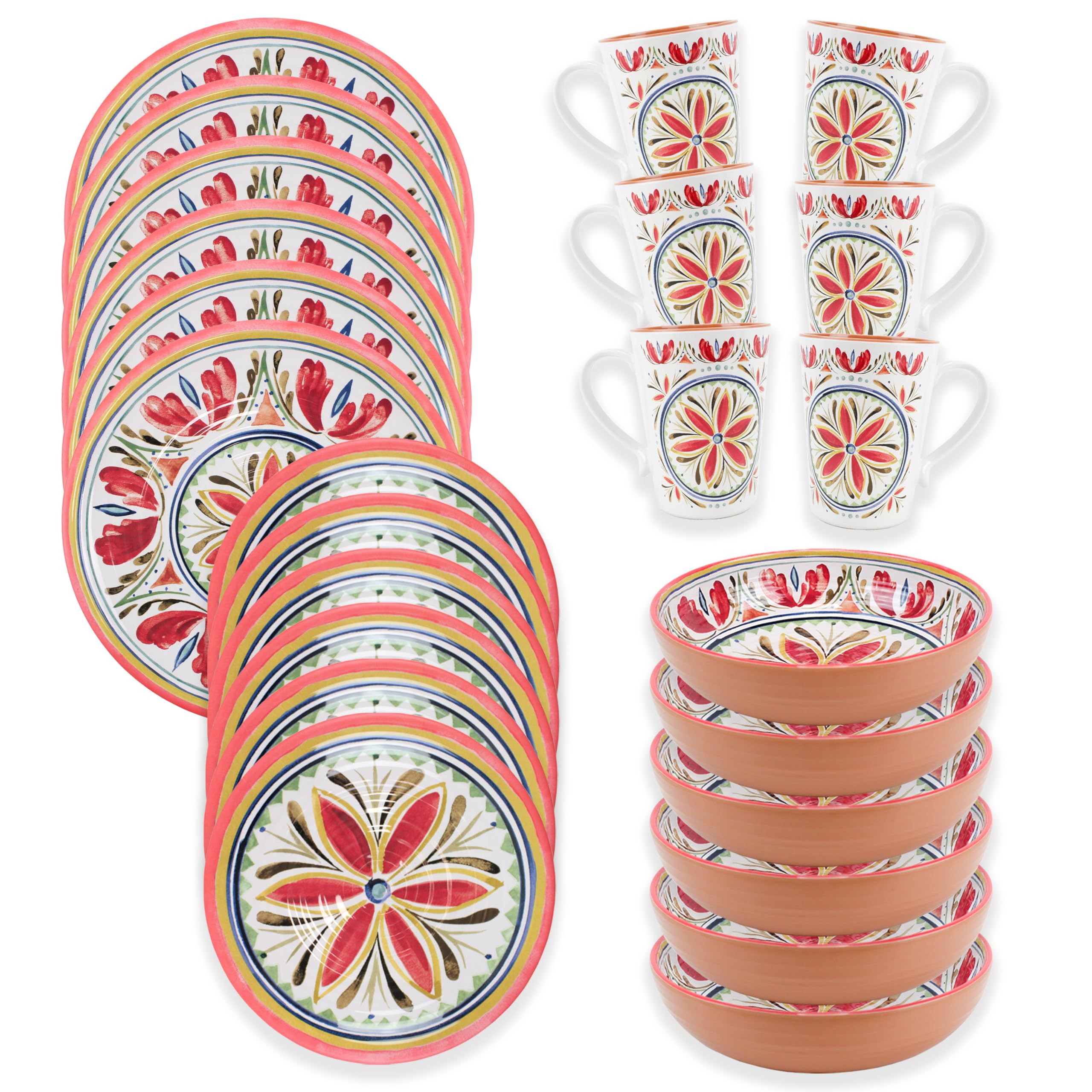 Patterned Outdoor Melamine Dinnerware Set with Mugs - Multicolour Camping/Picnic Plates Bowls Cups Set (24, Mediterranean)