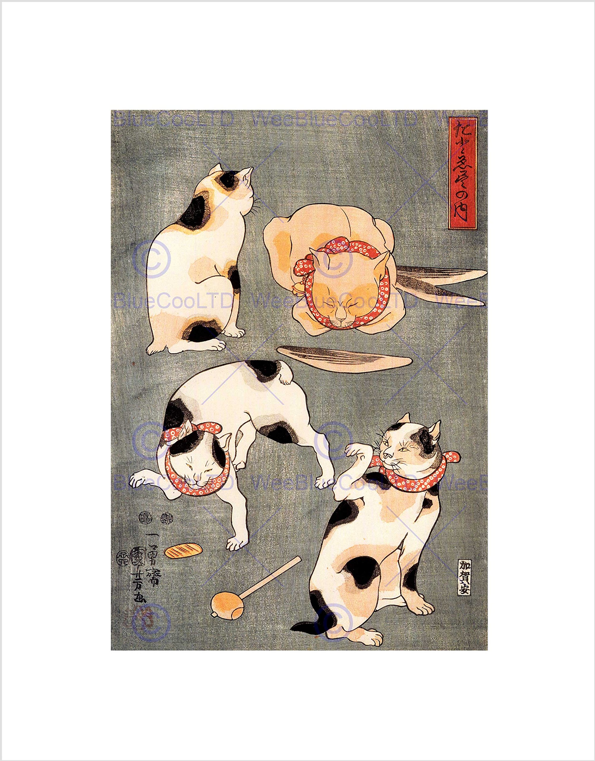 Wee Blue Coo Animals Cats Different Poses Utagawa Kuniyoshi Japan Wall Art Print