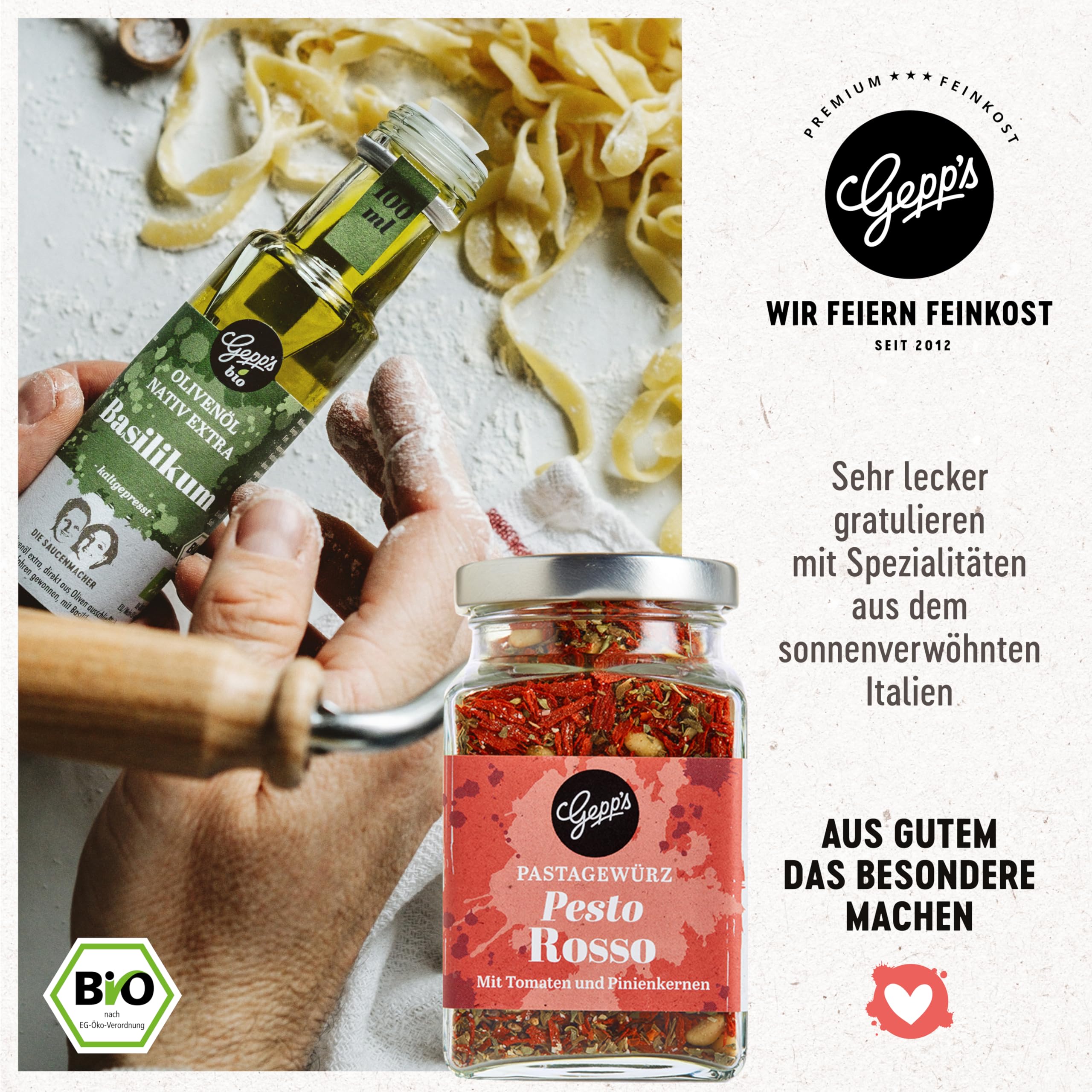 Gepp’s Feinkost Happy Birthday Geschenkset Gourmet Geschenk-Set mit handgemachter Pasta, Pesto-Rosso Gewürz, Bio Alleskönner Gewürz & Basilikumöl