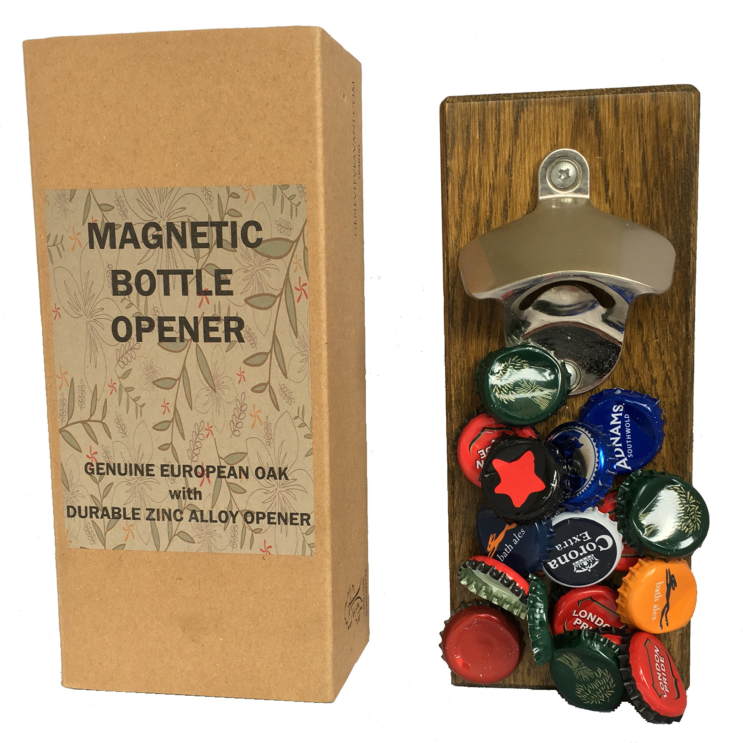 Premium British Made Bottle Opener Mounted on European Oak with Magnetic Cap Catcher for Fridge or Wall Mounting. Ideal Man Cave Gift and Barware Accessory