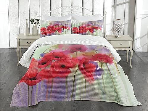 Miniatura 2 de Ambesonne Colcha de flores, flores de amapola, estampado de ilustraciones románticas de temporada, diseño decorativo acolchado de 3 piezas con 2