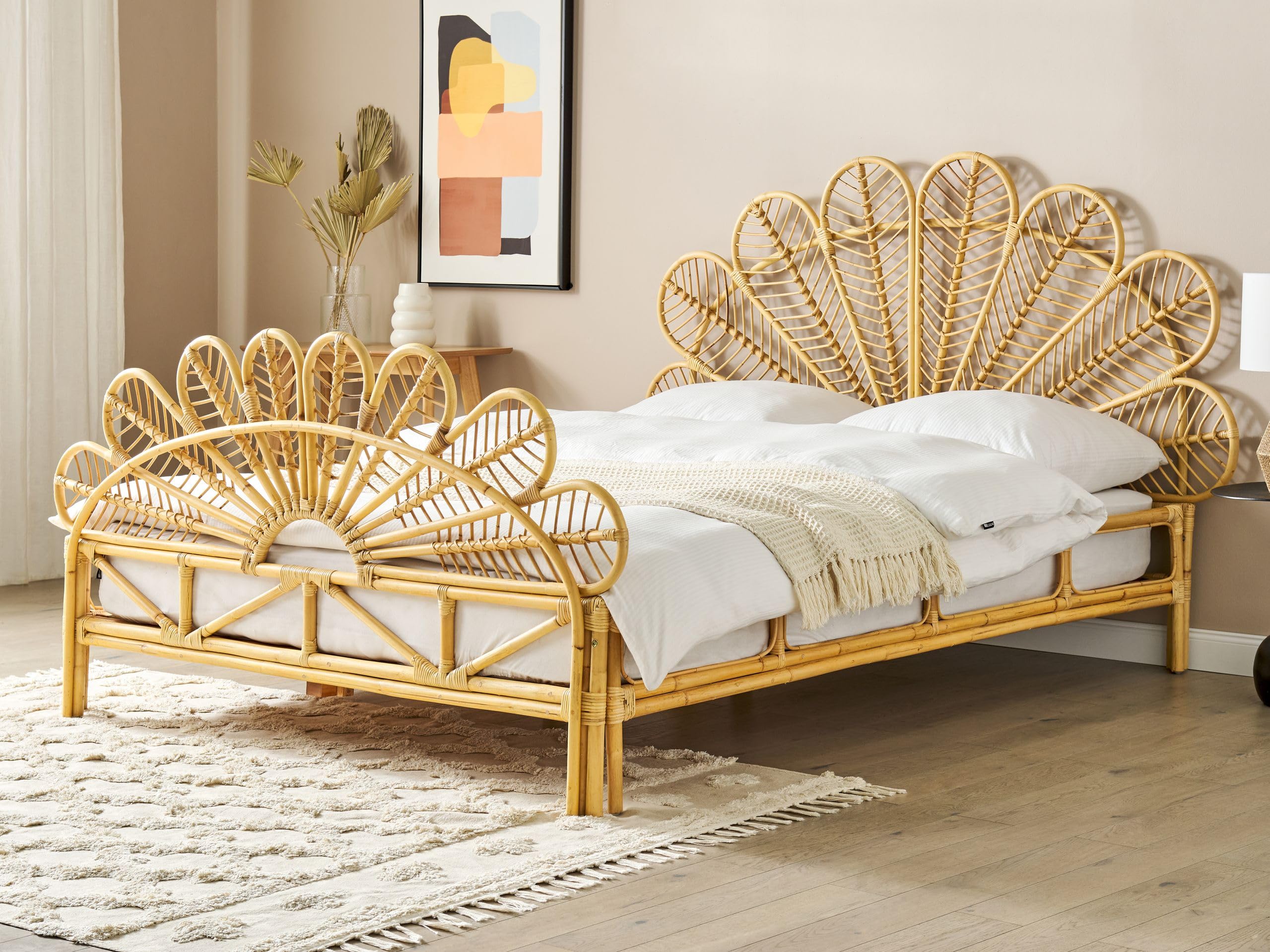 Lit Double avec Tête de Lit 180 x 200 cm Tissu Rembourré Beige Clair Rouen