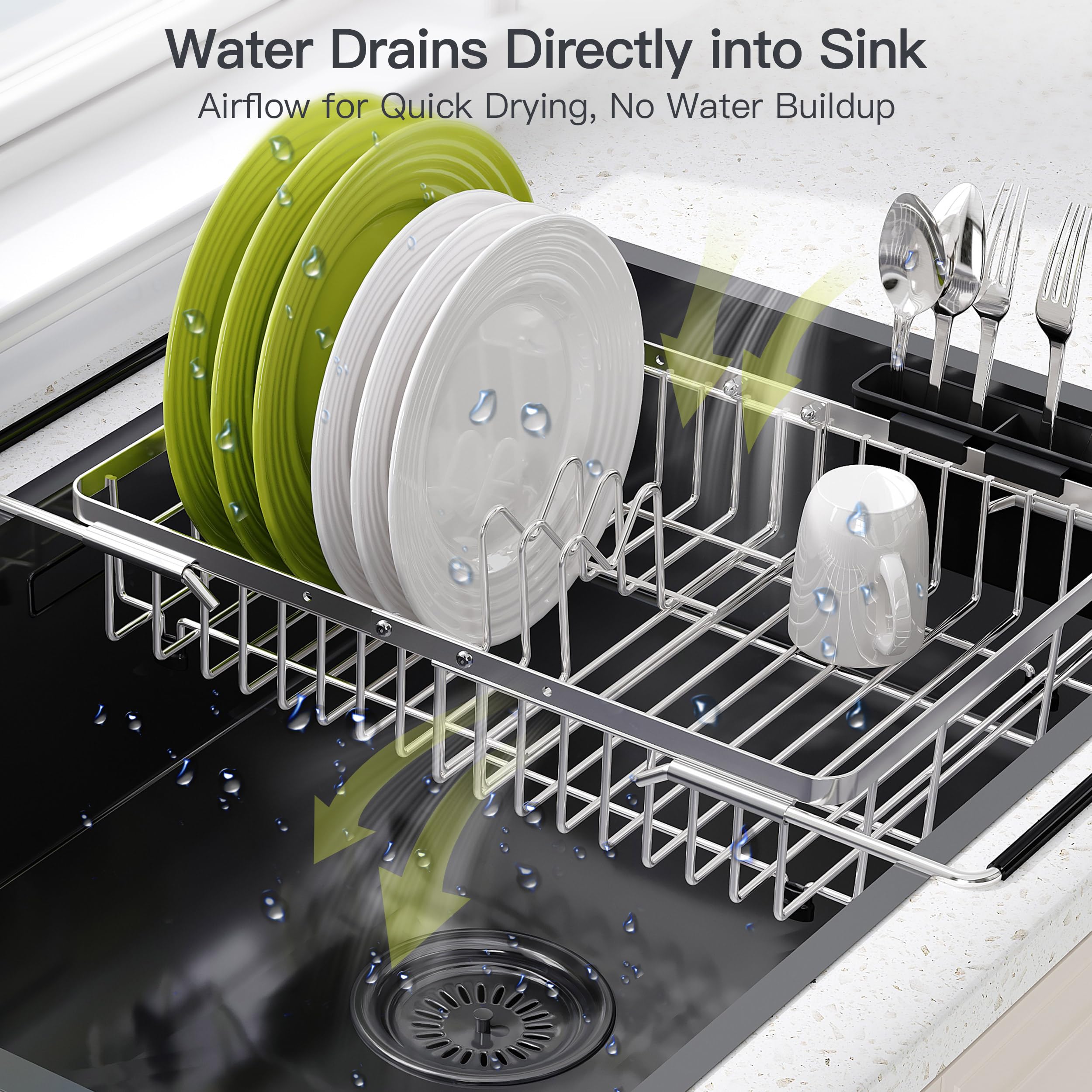 JASIWAY Escurridor de platos extensible de acero inoxidable sobre el fregadero para cocina pequeña, ahorro de espacio, escurridor de platos compacto, soporte de metal ajustable para colgar platos con
