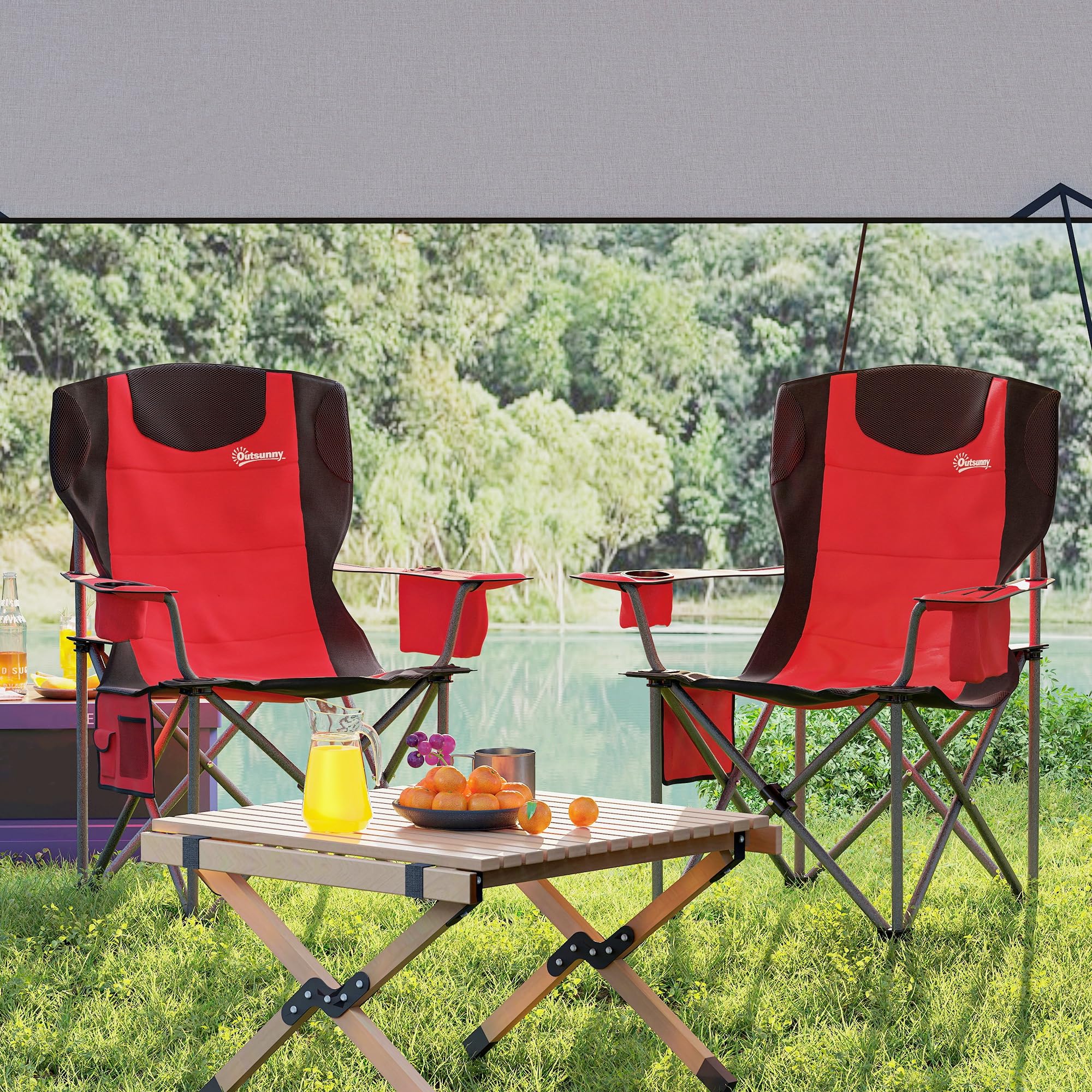Outsunny Set 2 Sedie da Campeggio Pieghevoli con Borsa Frigo, Portabicchieri, Poggiatesta e 2 Tasche, Sedie da Giardino in Tessuto Oxford e Metallo, Portata Fino a 120 kg, 94x62x100 cm, Rosso