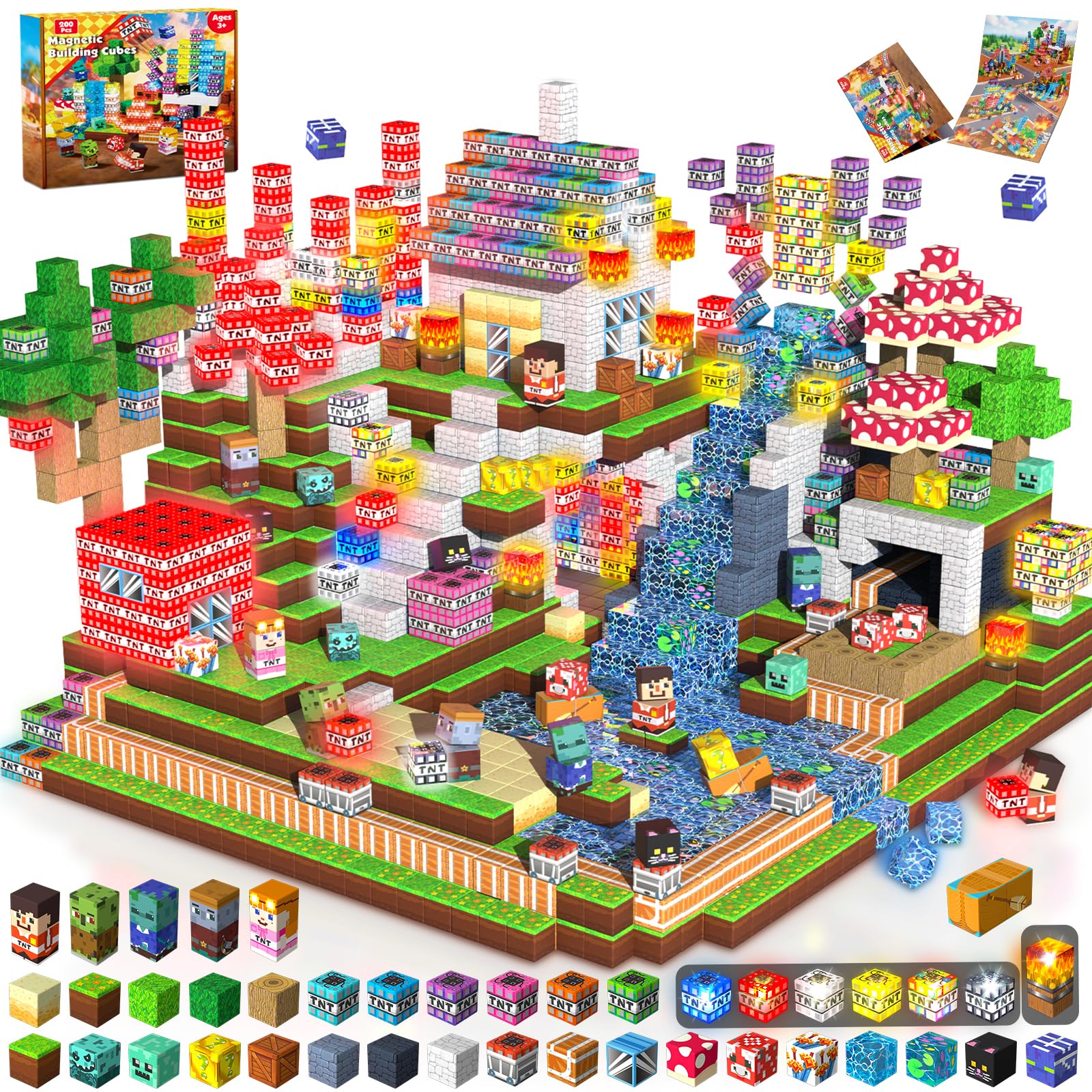 ToyUnited Goody King 200 PCS Magnetische Bausteine mit LED Licht - Leuchtende Magnetblöcke Set für Kinder ab 3-12 Jahre, Pädagogisches Mint Spielzeug, Kreative 3D Bauklötze im Retro-Stil