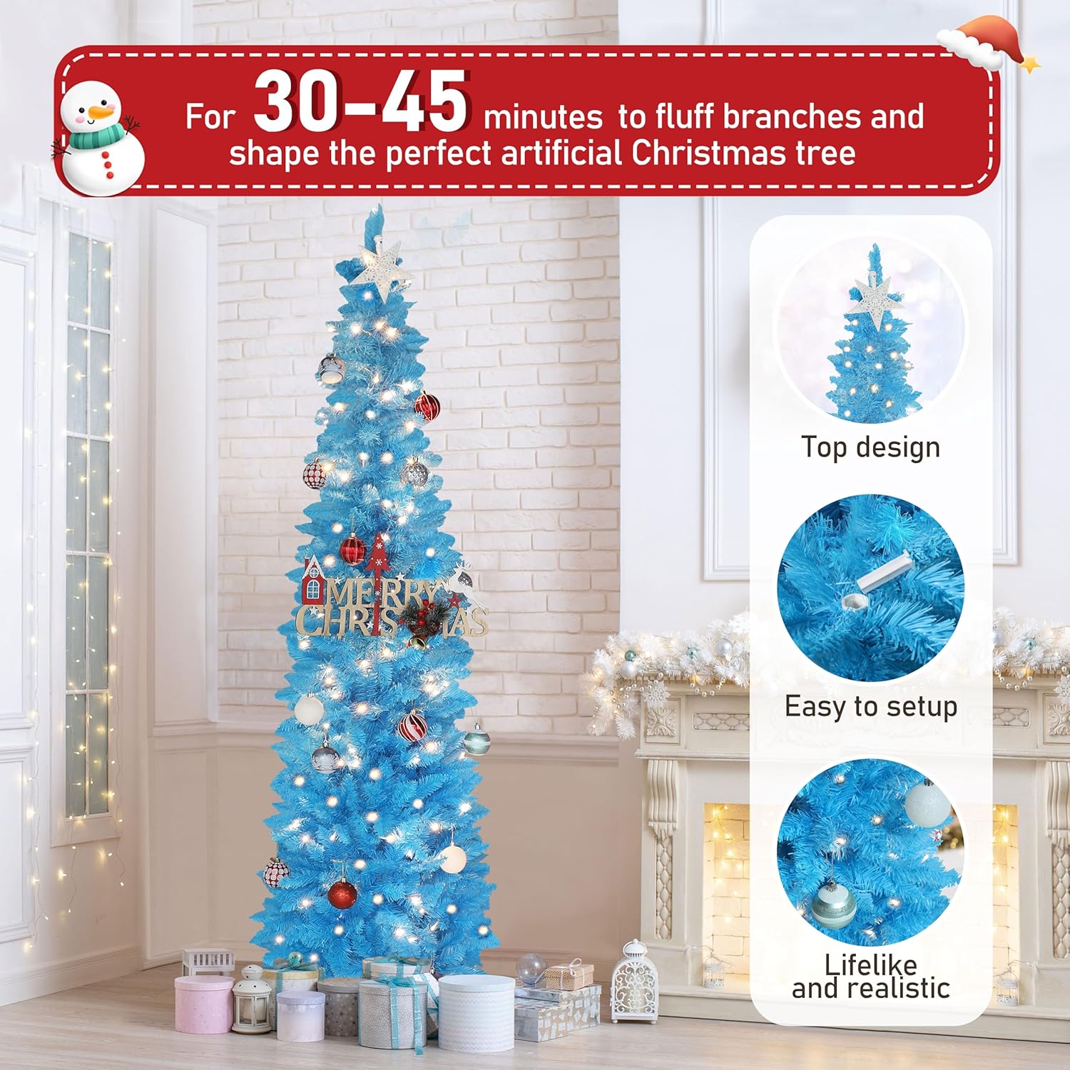 Yardenaler 6 FT Christmas Tree, Bendable Artificial Whimsical Christmas Tree with 200 LED Lights, Pre-lit Pencil Xmas Tree with 536 PVC Branches & Metal Stand for Holiday, Home, Party, Blue