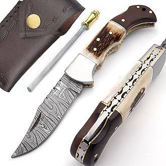 Lara Eagle Damascus Pocket Knife for Men - 133 Layer Solid Steel Handmade Folding Hunting Knives with Sharpner and Leather Pouch - Best Knife for Camping Hunting Hiking - Father’s Day Gifts for Men Husband Dad