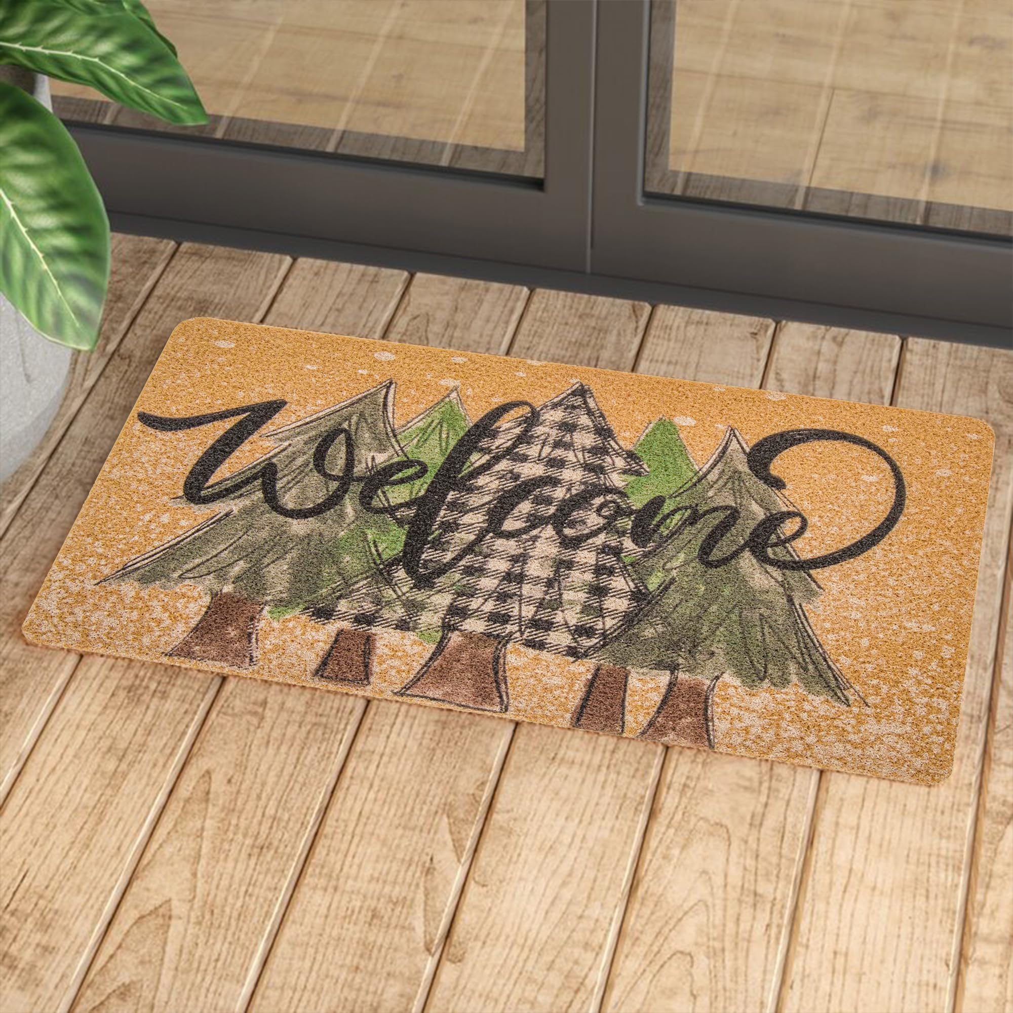 UTOWO Winter Xmas Welcome-Doormat Non-Slip Front-Door-Mats - Plaid Pine-Tree Snow Entrance Mat Porch Home Christmas Decor 17x30