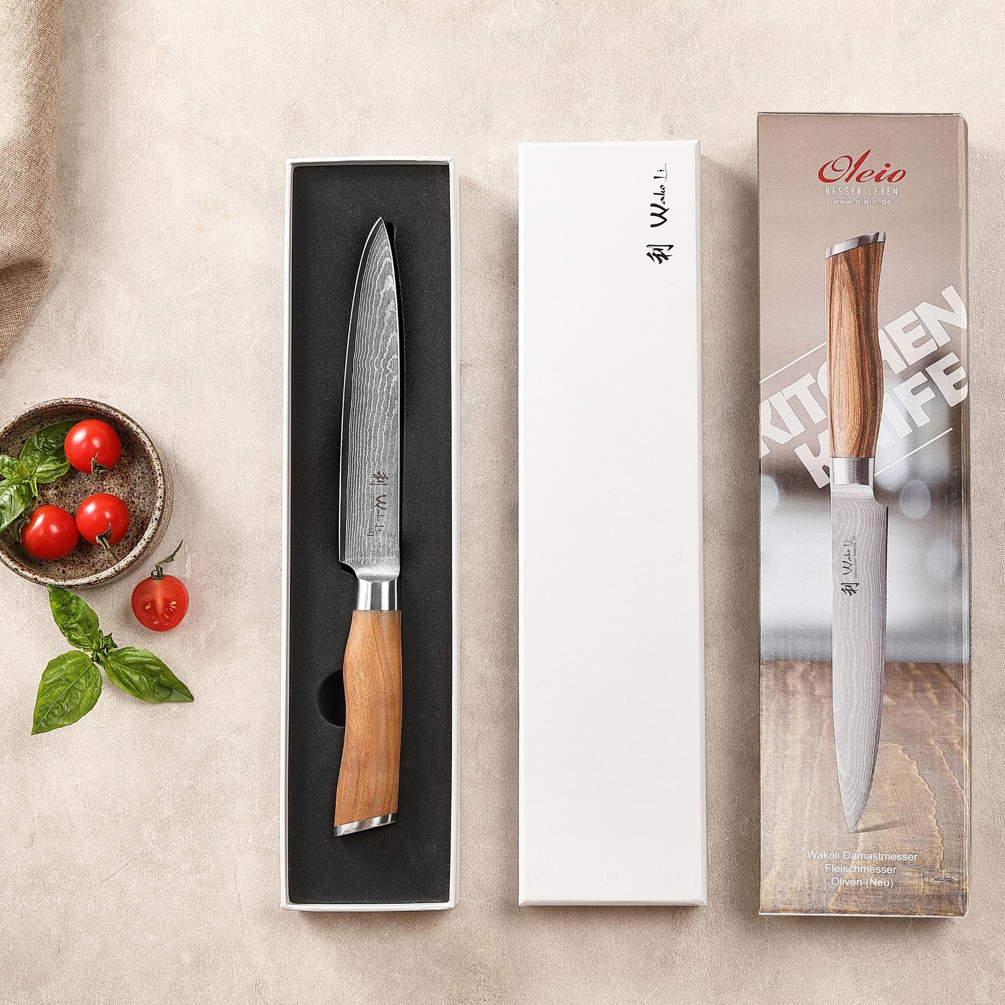 Wakoli Olive Tranchiermesser mit 17 cm Klinge aus 67 Lagen Damaststahl mit VG10 Kern, Fleischmesser mit Olivenholzgriff, Damastmesser in Geschenkbox für Fleisch und feine Schnitte