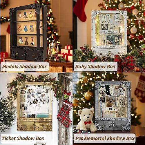 Vista 15 de Marco de caja de sombra de 11 x 16 pulgadas con luz, vitrina conmemorativa con estantes, cajón y ranura para recuerdos, caja grande de sombra Negro
