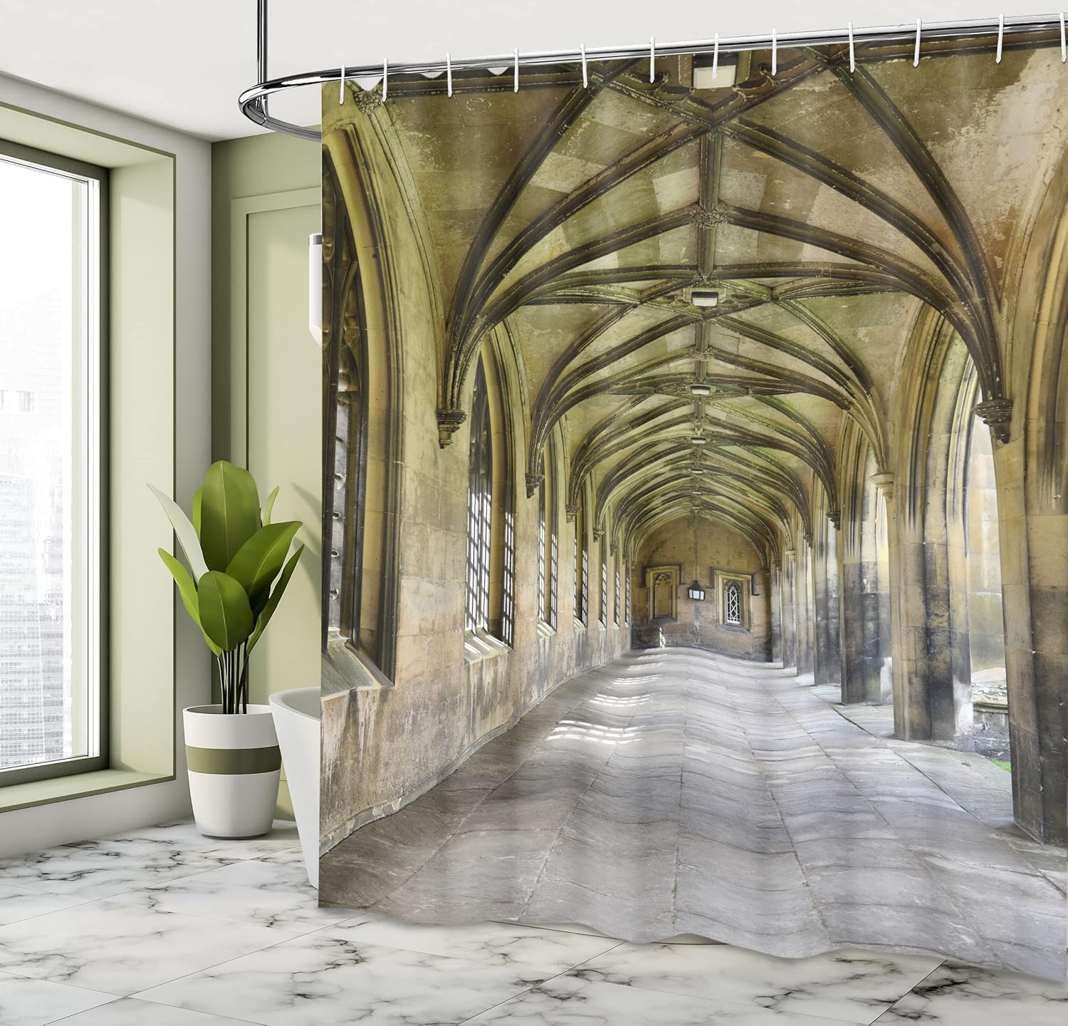 Ambesonne Gothic Shower Curtain, Paved Stone Walkway Old Arches Receding into Distance Arched Windows Portals, Cloth Fabric Bathroom Decor Set with Hooks, 69" W x 75" L, Charcoal