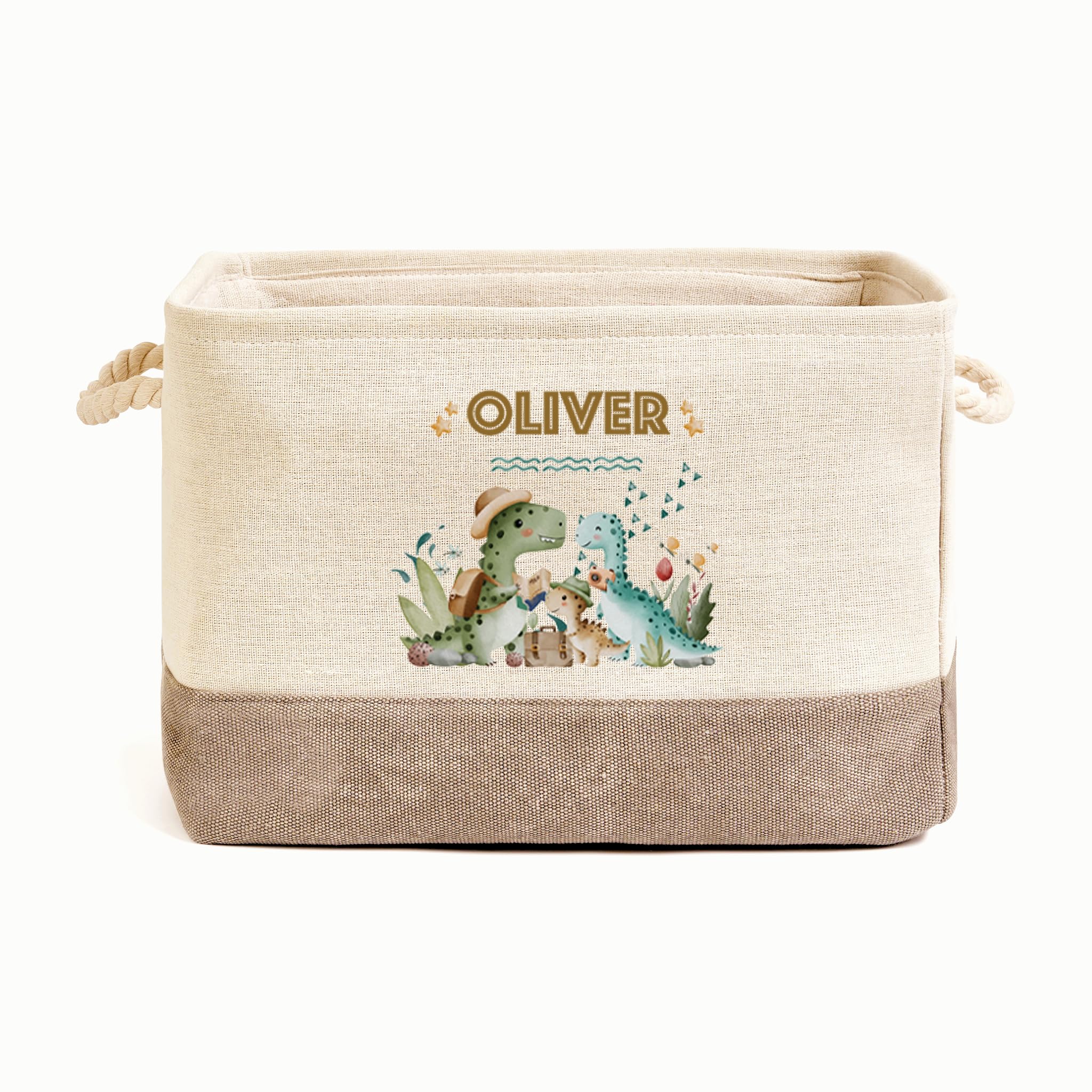 Hoolaroo Personalised Dinosaur Kids Toy Box Storage Caddy Basket Canvas With Handles – Fun Dino Print Organiser Bin for Bedroom Nursery Playroom Size Medium 36cm