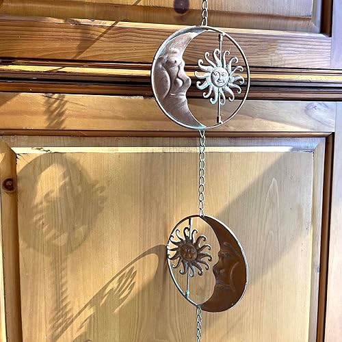 Miniatura 6 de Things2Die4 Cadena de lluvia de metal de 80 pulgadas con 6 discos celestiales de luna creciente y sol, acabado de bronce, alternativa decorativa con
