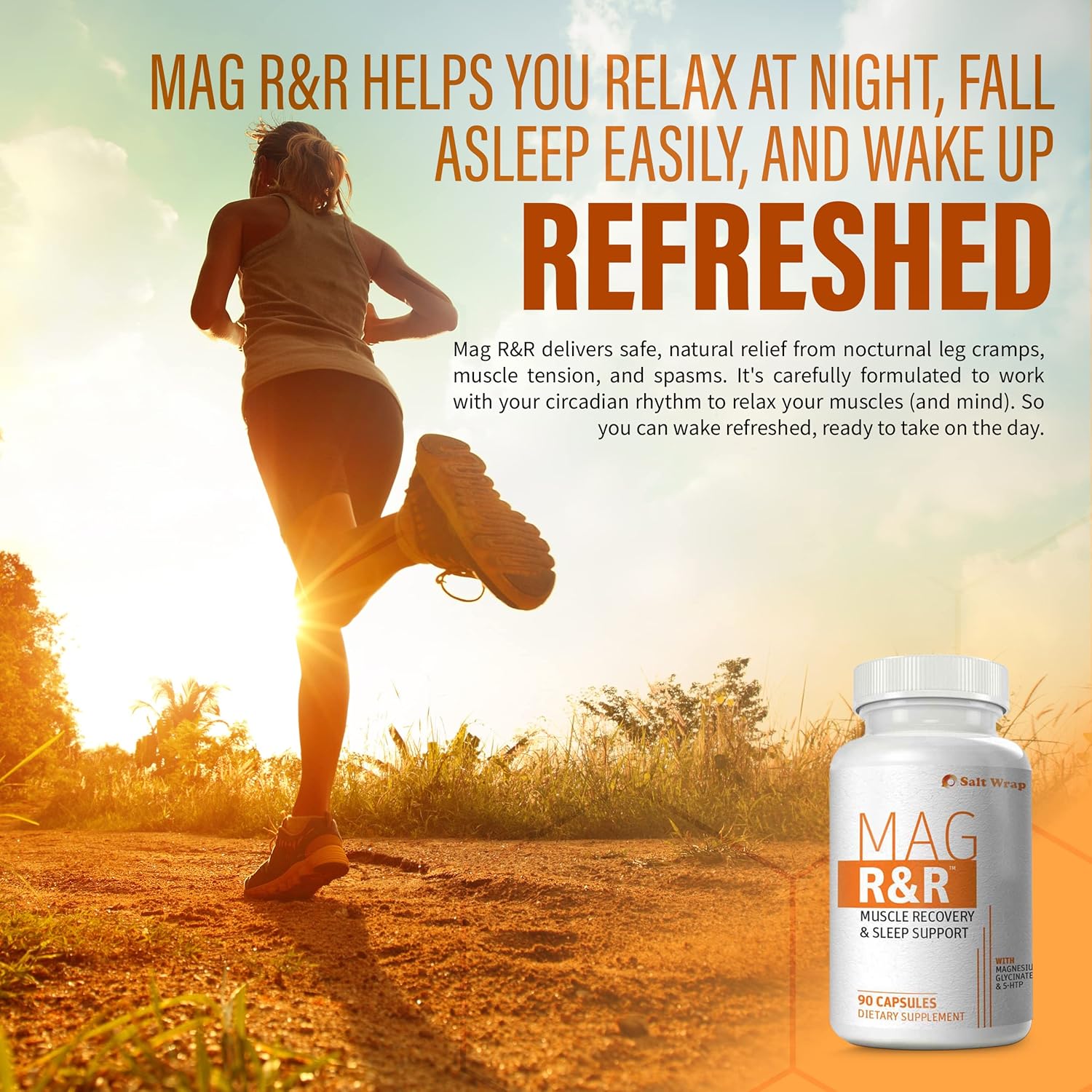SaltWrap Mag R&R - Nighttime Muscle Cramps Support, Natural Sleep Support for Adults with Magnesium Glycinate for Muscle Spasm and Leg Cramps Relief, 90 Capsules : Health & Household