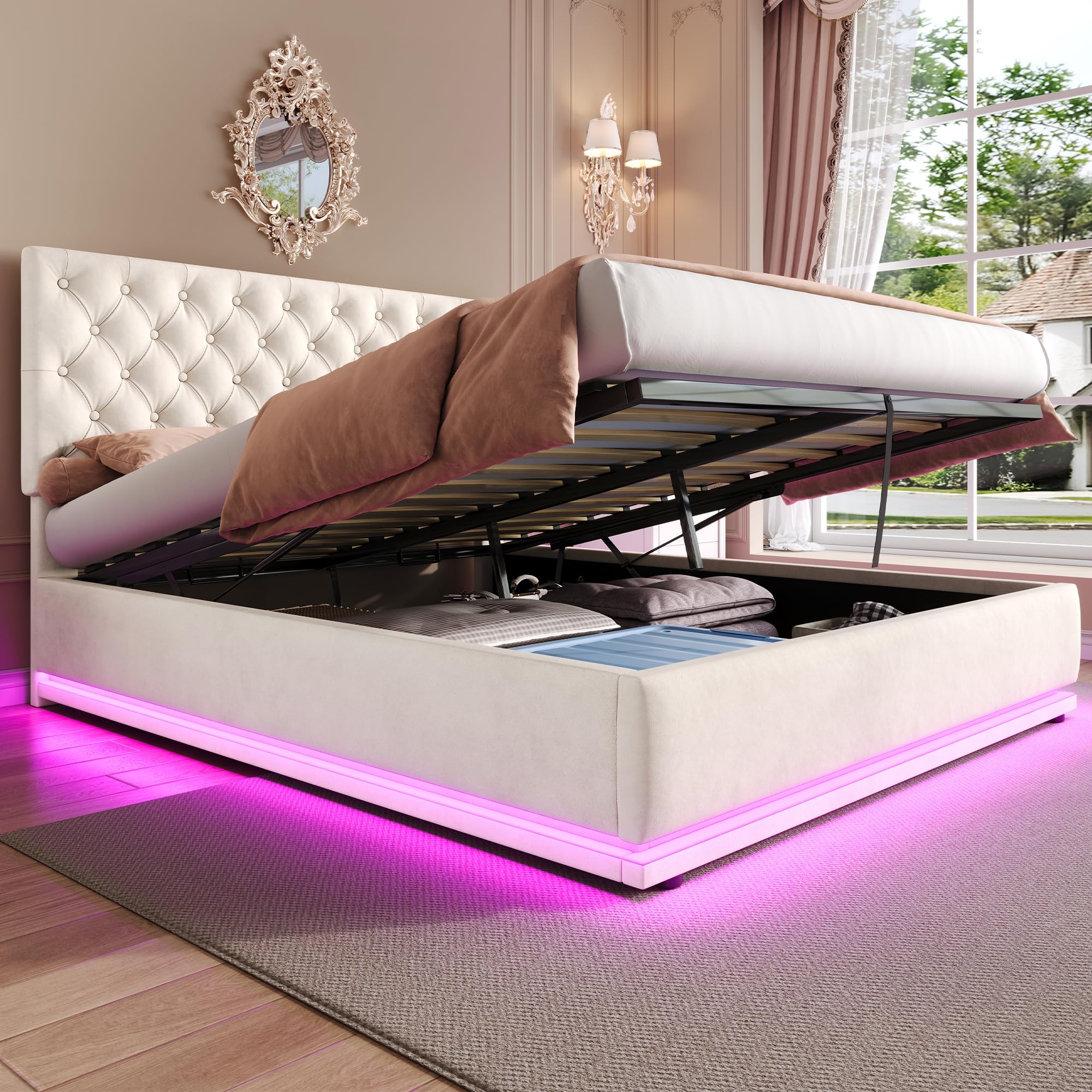 Upholstered Bed Frame with Hydraulic Lift & Adjustable Button Tufted Headboard, 4ft6 Double Bed Frame with LED Lighting and Wooden Slats, Velvet Functional Ottoman Storage Beds, Beige, No Mattress