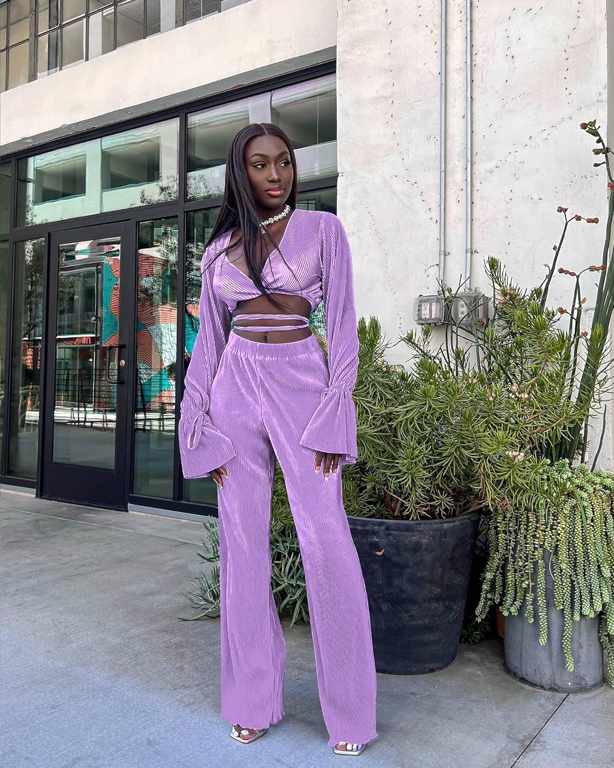 Casual Sexy 2 Piece Outfit for Women Dressy Linen Long Sleeve V Neck Top Y2K Flare Pleated Wide Leg Pants Sets Beach Vacation - Image 4