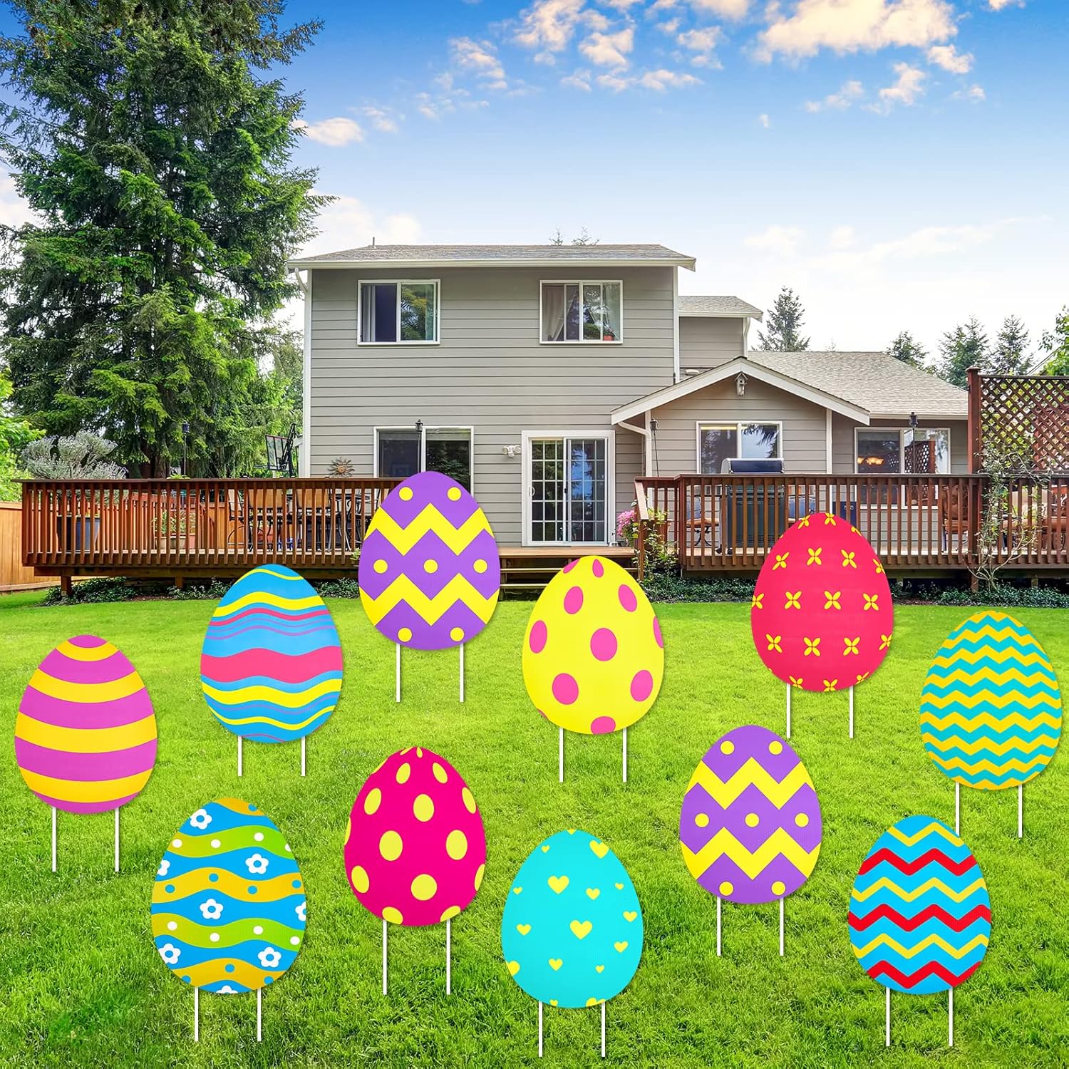 Taiyin 30 Pcs Easter Egg Yard Decorations 12 x 9.6 Inch Outdoor Waterproof Colorful Spotted Easter Lawn Yard Signs with 60 Pcs Plastic Fiber Rods for Outdoor Party Lawn Garden Decorations